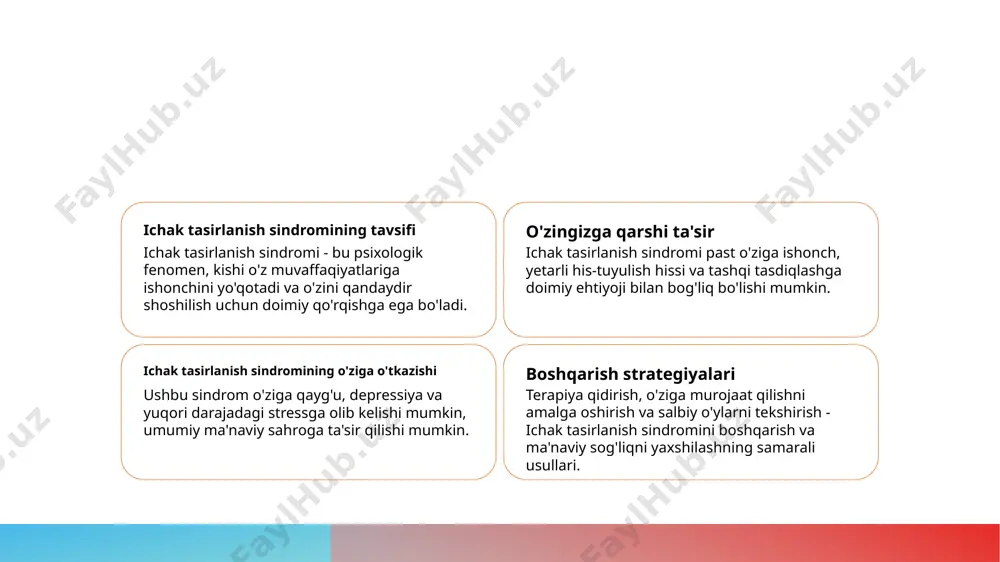 onlar uchun ichak tasirlanishining ta'siri ichak tasirlanish sindromi yuqori muvaffaqiyatga erishgan kishilarni yangi chalishmalarga tushishdan, darajalarini olishdan, yoki o'zlarining xususiyatlari va qobiliyatlarini tan olishdan qo'rqadi. ichak tasirlanish sindromini ortga qo'ymoq yuqori muvaffaqiyatga erishgan kishilarda ichak tasirlanishini urish uchun strategiyalar o'z muvaffaqiyatlari bilan tanishish, salohiyat qidirish, manfiy o'ylarni qayta shakllantirish va qo'llab-quvvatlashni o'z ichiga oladi. akademik soxada ichak tasirlanish sindromi 1 2 3 akademik soxada ichak tasirlanish sindromining tavsifi akademik soxada ichak tasirlanish sindromining umumiy belgilari akademik soxada ichak tasirlanish sindromi bilan muzokaralash uchun mukofot strategiyalari akademik soxada ichak tasirlanish sindromi, akademik muvaffaqiyatlarga qaramasdan, yetarli emasligiz va o'zingizga ishonchsizlik hissiyotini anglatadi, kishi yaratishlari bilan o'zlarining qobiliyatlarini shubha qilishga olib keladi. belgilar ichida mukammallashtirish, muvaffaqiyatga qisqichi, muvaffaqiyatni qismatga solish va o'ziga hamkasblar va o'qituvchilar orasida yolg'onchi his qilish kabi narsalar kiritiladi. strategiyalar o'qituvchilar yordamini qidirish, salbiy o'ylarni muvaffaqiyatga aylanish, o'zini hurmat qilishni mashq qilish va ichak hislariga qarshi kurish uchun muvaffaqiyatlarni tan …