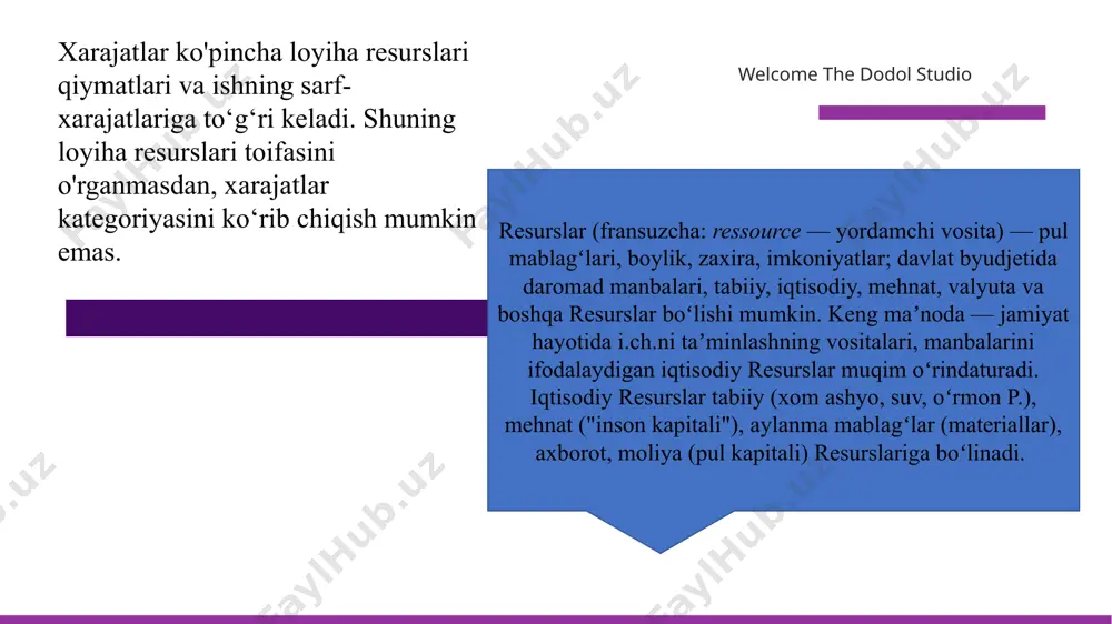 tiyojlar haqida bayonot loyihaning maqsadlari loyihaning chegaralari (loyiha chegarasiga nimalar kirish yoki kirmasligi haqida ma’lumotlar) loyiha tuzish uchun oldin uning nizomini ishlab chiqish kerak bo’ladi. masalan, nizomda ushbu asosiy elementlarni yoritib berish mumkin: resurslarni taqsimlash – bu mavjud resurslardan samarali foydalanish va ulardan adolatli, ehtiyojlarga mos ravishda taqsimlash jarayonidir. taqsimlash iqtisodiyotda, boshqaruvda va turli xil tashkilotlarda muhim ahamiyatga ega. resurslar mablag‘lar, vaqt, mehnat, xom ashyo yoki texnologiyalar bo‘lishi mumkin. resurslarni taqsimlashda quyidagi asosiy yondashuvlar mavjud: 1. raqobatbardoshlik asosida taqsimlash: resurslar ehtiyojga qarab taqsimlanadi. yaxshi iqtisodiy tizimda resurslar eng samarali va yuqori daromadli faoliyatlarga yo‘naltiriladi. 2. adolatli taqsimlash: resurslar teng ravishda taqsimlanadi yoki ehtiyojlarga mos ravishda, odamlar o‘rtasida tenglikni ta'minlashga harakat qilinadi. 3. centralizatsiya va decentralizatsiya: taqsimlash markazlashtirilgan (biror markaz tomonidan) yoki desentralizatsiyalashgan (bir nechta kichik bo‘limlar yoki shaxslar tomonidan) bo‘lishi mumkin. 4. optimal taqsimlash: resurslarni taqsimlashda maksimal natijaga erishish uchun ilmiy asoslangan yondashuvlar va metodlar qo‘llaniladi. resurslarning kamyobligi umumiy hodisa …