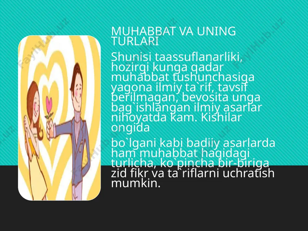 ratadi. lekin afsuski, ba`zi yoshlar «erkin hayot», «erkin muhabbat » kabi ruhiyat omillarini noto`g`ri tushunib, ma`naviy axloqsizlikka mayl qo`yishyapti, insonlar o`rtasidagi eng nozik bo`lmish jinsiy munosabatlardan esa «boylik orttirish», «go`zal hayot» kechirish manbayi sifatida foydalanishmoqda. bu axloqiy tubanlik, nosog`lom dunyoqarash oqibatidir. bu hol ba`zi oilalarda ma`naviy tarbiya masalasi unutib qo`yilganligining, ayrim ta`lim-tarbiya muassasalari va ularning pedagogic jamoalarining o`z vazifalarini yetarli darajada uddalay olmayotganliklari natijasidir. muhabbat va yosh muhabbat ontogeneziga nazar tashlanganda sevgi hissining ilk kurtaklarini bog`cha yoshidagi bolalarda ham ko`rish va buni har bir tarbiyachidan so`rab, ishonch hosil qilish mumkin. lekin tabiiyki, bu hali to`laqonli muhabbat bo`la olmaydi. bolalikdagi sevgi hislarida fiziologik komponent, ya`ni jinsiy intilish deyarli bo`lmaydi. ulardagi hissiyotning aksariyat qismi ruhiy komponentdan iborat. maktab yoshidagi o`g`il va qiz bolalar o`rtasidagi muhabbat hislari esa birmuncha farq qiladi. o`spirinlik yoshidagi qiz bolalarda ruhiy komponent jinsiy komponentdan ustunlik qilsa, o`g`il bolalarda hissiyot divergensiyasi — bo`linishi kuzatiladi. ya`ni ular muhabbat hislarini bitta …