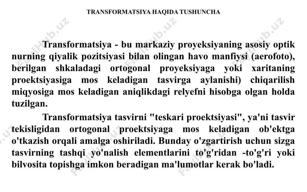 transformatsiyasi") universal qurilma yordamida ortofoto yaratilganda, y o'qi bo'ylab stereopairli tasvirlardan birini skanerlashda, proektsiyaning doimiy o'zgarishi bilan qo'llaniladi. yerning profiliga qarab balandligi va tasvirni rombik yoki trapetsoidal yoriq orqali fotografik qavat ustiga proektsiyalanadi. "ortogonal transformatsiya" atamasi tasvirni raqamli qayta ishlash amalga oshirilgan holatlarda qo'llaniladi va ortofotograf qiyalik va gorizontal tasvirlar nuqtalari koordinatalarini bog'laydigan formulalar yordamida piksellar guruhini aylantirish orqali yaratiladi. an’anaviy fotomexanika haqida tushuncha fotomekanik transformatsiya (fototransformatsiya) - bu fotografik tasvirning shunday o'zgarishi, natijada ma'lum hajmda va kerakli aniqlikda yangi fotografik tasvir olinadi. fotomekanik transformatsiya maxsus optik -mexanik qurilmalar - fototransformatorlar yordamida amalga oshiriladi. qorong'i xonada joylashgan fototransformator kassetasiga yuqoridan yoritilgan aeronegativ p joylashtiriladi va tasvir s linzasi orqali e ekranga chiqariladi. mexanik harakatlar va burilishlar aeronegativ, linzalar va fototransformatorlar ekranining o'zaro pozitsiyasiga erishadi, bunda aerongativga bog'langan a0, b0, c0 va d0 nuqtalarning proyeksiyalari a0, b0, c0 nuqtalarga to'g'ri keladi. va bazaning d0 ekranga joylashtirilgan e. bu holda, ekrandagi proektsion …
