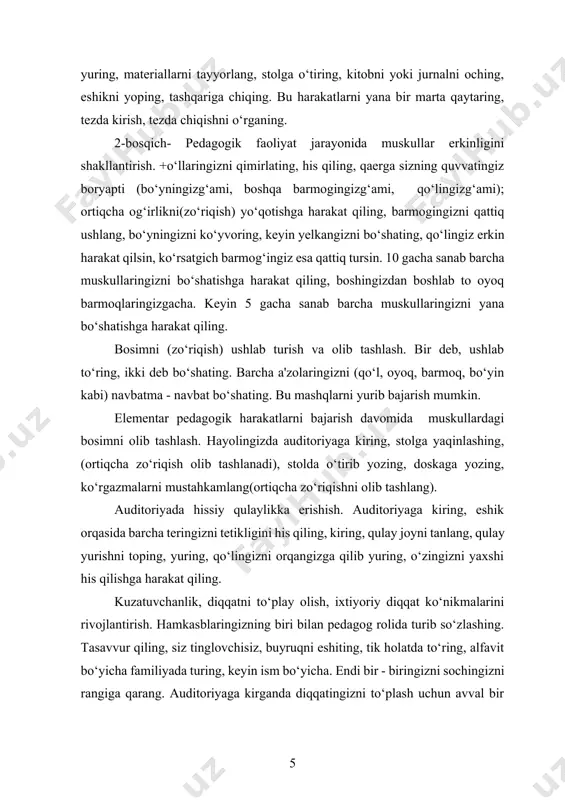 tingizni qarating. bu mashq diqqatni barqaror bo‘lishiga yordam beradi. muloqotning oddiy ko‘nikmasini rivojlantirish. hayolingizda auditoriyaga kiring, salomlashing, mimika, pantomimika, qarash bilan tinglovchilar diqqatini o‘zingizga qarating. tinglovchiga turli ta'sirlar orqali(iltimos, talab, ogohlantirish, rag‘batlantirish, yumor, savol, buyruq kabilar) murojaat qiling. tashabbusni boshqarish(a.a.leontev bo‘yicha). siz bir kishi bilan gaplashyapsiz. uni siz tinglayapsiz, u gapiryapti, shunday qilingki, tashabbusni qo‘lingizga olib endi siz gapiring. darsda oxirgi stolda o‘tiradiganlardan ko‘zingizni uzmang. pedagogik muloqotni boshqarish. tasavvur qiling, siz guruh rahbarisiz, darsdan so‘ng guruhdagilar bilan metallom yig‘ish haqida gaplashing. guruhdagilar bir-birini xafa qilib qo‘yishdi, siz ular bilan dildan suhbatlashing. imo-ishoralarni tanlash. har bir vaziyatda ham imo-ishoralar kerakmi? guruh a'zolarini bir juftdan qilib bir-biriga qarama-qarshi qilib o‘tirgizib ko‘ying. bu usul “ko‘zgu” deyiladi. bittasi ko‘zguga(ko‘ziga) qaraydi. ikkinchisi ko‘zgu rolini o‘ynaydi. “ko‘zgu”rolidagi kishi barcha harakatlarni takrorlab turadi . treningni ikkinchi bosqichi - pedagogik muloqot jarayonida yaxlit o‘qitish. bu guruhdagi mashqlar ikki qismga bo‘linadi: 1. tipik vaziyatda harakat qilish: kuzatuvchanlik ko‘nikmasini rivojlantirish, …
