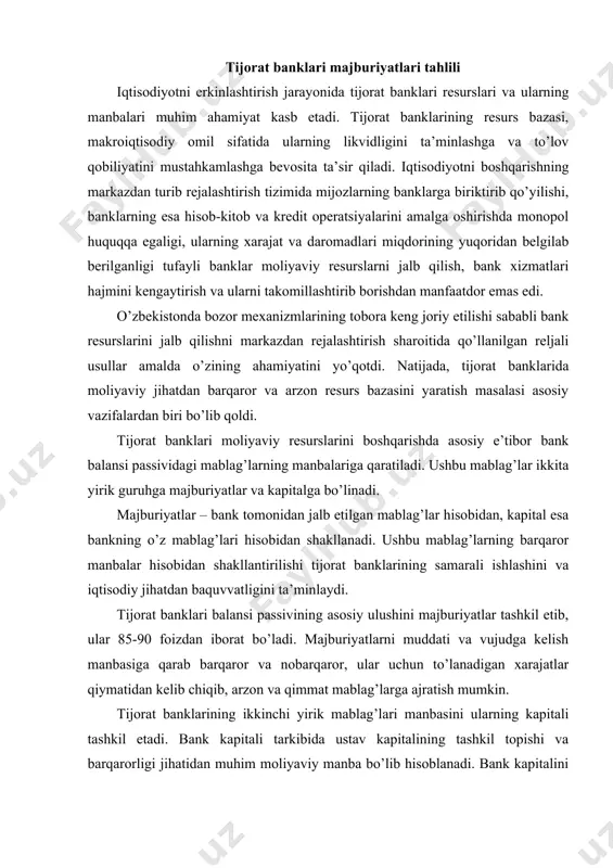 hun to’lanadigan xarajatlar qiymatidan kelib chiqib, arzon va qimmat mablag’larga ajratish mumkin. tijorat banklarining ikkinchi yirik mablag’lari manbasini ularning kapitali tashkil etadi. bank kapitali tarkibida ustav kapitalining tashkil topishi va barqarorligi jihatidan muhim moliyaviy manba bo’lib hisoblanadi. bank kapitalini boshqarishda asosiy e’tibor ularning barqaror moliyaviy mablag’lar hisobidan shakllanishiga va yetarliligiga qaratiladi. xalqaro bank amaliyotida passiv operatsiyalarning to’rtta shaklidan keng foydalaniladi: a) banklarning foydasidan fondlarni shakllan tirish va ularni ko’paytirishga ajratmalar; b) depozit operatsiyalar; v) yuridik shaxslardan olingan kredit resurslar; g) qimmatli qog’ozlar, pul biletlar va tangalarni muomalaga chiqarish (emissiya). tijorat banklarning foydasidan ustav kapitaliga, zaxira fondiga, imtiyozli kreditlash fondiga, moddiy rag’batlantirish fondi va boshqa fondlarga ajratmalar amalga oshiriladi. banklarning ushbu fondlariga ajratmalarning miqdori va muddati bank aksiyadorlari umumiy yig’ilishining qaroriga asosan belgilanadi. bankning fondlari ichida asosiy o’rinni ustav kapitali egallaydi. tijorat banklarining ustav kapitali bank asosiy kapitali tarkibidagi maxsus zaxiralar, taqsimlanmagan foyda va emission daromadlarga qaraganda muddati va manbai jihatidan …