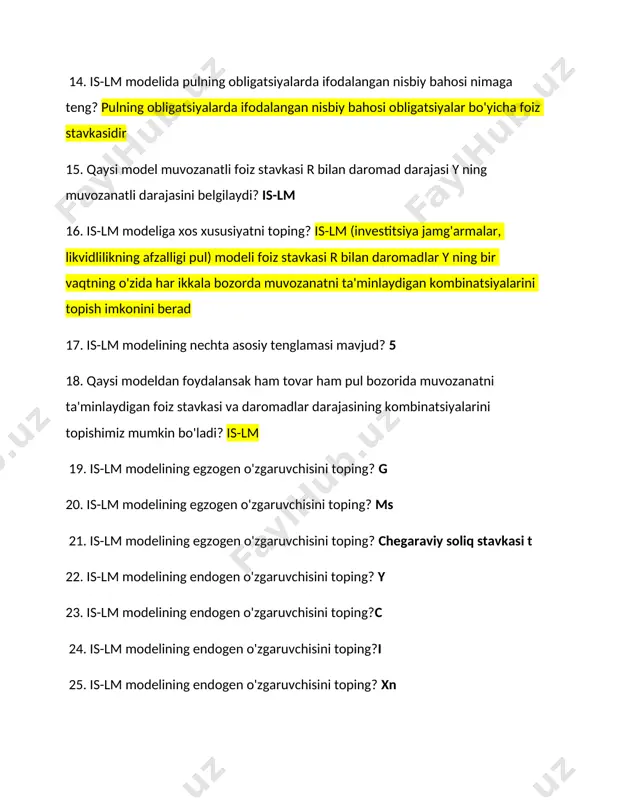 g qaysi biri to'g'ri keladi? baholar darajasi o’zgaruvchan ms nominal kattalik va boshqa barcha o’zgaruvchilar real kattalik 37. is egri chizig'iga xos xususiyatni toping? bu egri chiziqning har bir nuqtasida investitsiyalar va jamg’armalar o’zaro teng 38. tovarlar va xizmatlar bozorida foiz stavkasi r va daromadlar darajasi y ning kombinatsiyalarini ifodalovchi, bir vaqtning oʻzida asosiy makroiqtisodiy ayniyat, iste'mol,investitsiya va sof eksport funksiyalari qondiriladigan nuqtalarning geometrik joylashuvini o'zida mujassam etgan egri chiziq makroiqtisodiyotda qanday nomlanadi? is 39. investitsiyalar va jamg'armalar oʻzaro tengligini ifodalovchi chiziq qanday nomlanadi? is 40. keyns xochi va investitsiya funksiyasi grafigi yordamida keltirib chiqariladigan egri chiziq qanday nomlanadi? is-egri chizig’i 41. is qanday keltirib chiqariladi? keyns hochi va investitsiya grafigi yordamida 42. tovarlar va xizmatlar bozorida daromadlar darajasi va foiz stavkasi dinamikasi oʻrtasida teskari bog'liqlik mavjud mavjud 43. is tenglamasi qanday topiladi? iste’mol,investitsiya vas of eksport funksiyalari tenglamalarini asosiy makroiqtisodiy ayniyatga qo’yib, uni r va y ga nisbatan yechib …