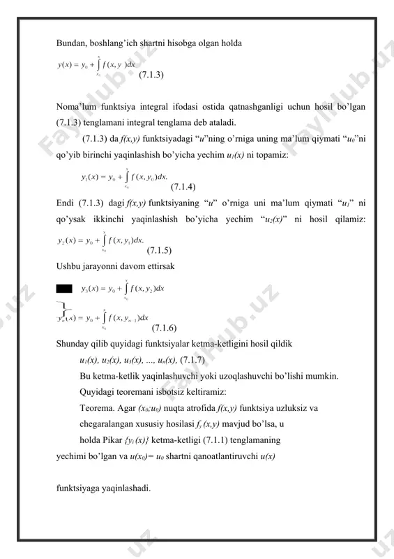 2.3) bu erda |x-x0| h, h – etarli kichik son. qatorning noma’lum koeffitsiyentlarini topish uchun, tenglamadan kerakli hosilalar olinib, (7.2.2) boshlang’ich shartlardan foydalanilanadi. agar x0=0 bo’lsa, yechim «x»ning darajalari bo’yicha qator ko’rinishida bo’ladi. yuqorida keltirilgan usulni oddiy differensial tenglamalar tizimi uchun ham qo’llash mumkin. misol. y”=x2u (7.2.4) tenglamani boshlang’ich shart u(0)=1, u’(0)=0 ni qanoatlantiruvchi yechimi topilsin. yechish. bu misol uchun (7.2.3) qator quyidagi ko’rinishda yoziladi: (7.2.5) (7.2.4) dan ketma-ket hosila olsak y(3)=2xy+x2y ’ y(4)=2y+2xy ’+2xy ’+ x2y ’’=2y+4xy ’+ x2y ’’ y(5)=2y ’+4y ’+4xy ’’+2xy ’’+ x2y ’’’=6y ’+6xy ’’+ x2y ’’’ y(6)=12y ’’+8xy ’’’+ x2y(4) y(7)=20y ’’’+10xy(4)+ x2y(5) y(8)=30y(4)+12xy(5)+ x2y(6) bu tengliklarning har biriga boshlang’ich shartlarni qo’llasak quyidagilarni topamiz: y’’(0)=0; y’’’(0)=0; y(4)(0)=2; y(5)(0)=y(6)(0)=y(7)(0)=0; y(8)(0)=60. bularni (7.2.5) ga qo’ysak izlanayotgan yechimni topamiz: differensial tenglamalarni yechimini koeffitsiyentlari noma’lum bo’lgan quyidagi qator ko’rinishida xam izlash mumkin: y=a0+a1(x-x0) +a2(x-x0)2+a3(x-x0)3+... (7.2.6) bu usulda noma’lum koeffitsiyentlar a0, a1, a2 ... quyidagicha topiladi: (7.2.6) dan hosilalar …