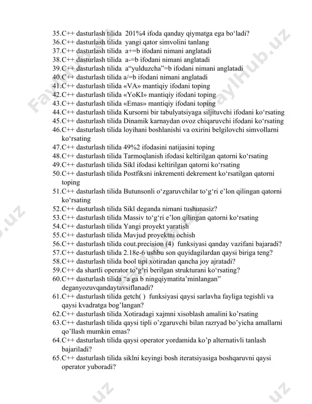 | 0); 29. c++ dasturlash tilida “= =” simvolni mani anglatadi? 30. c++ dasturlash tilida “!=” simvol nimani anglatadi? 31. c++ dasturlash tilida “||” simvol nimani anglatadi? 32. c++ dasturlash tilida “&&” simvol nimani anglatadi? 33. c++ dasturlash tilida “ ! ” simvol nimani anglatadi? 34. c++ dasturlash tilida 201/4 ifoda qanday qiymatga ega bo‘ladi? 35. c++ dasturlash tilida 201%4 ifoda qanday qiymatga ega bo‘ladi? 36. c++ dasturlash tilida yangi qator simvolini tanlang 37. c++ dasturlash tilida a+=b ifodani nimani anglatadi 38. c++ dasturlash tilida a-=b ifodani nimani anglatadi 39. c++ dasturlash tilida a“yulduzcha”=b ifodani nimani anglatadi 40. c++ dasturlash tilida a/=b ifodani nimani anglatadi 41. c++ dasturlash tilida «va» mantiqiy ifodani toping 42. c++ dasturlash tilida «yoki» mantiqiy ifodani toping 43. c++ dasturlash tilida «emas» mantiqiy ifodani toping 44. c++ dasturlash tilida kursorni bir tabulyatsiyaga siljituvchi ifodani ko‘rsating 45. c++ dasturlash tilida dinamik karnaydan ovoz chiqaruvchi ifodani ko‘rsating 46. …