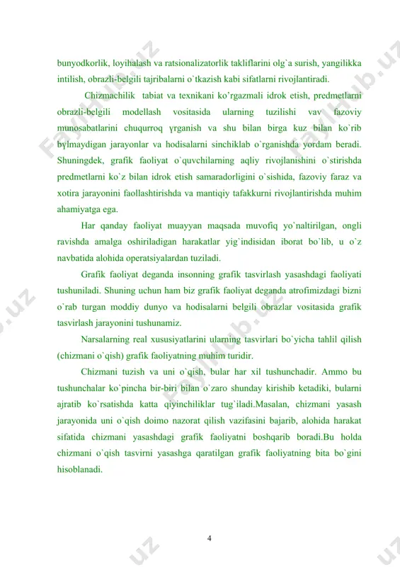 tarbiyaviy ta`sirini ham o`rganish lozim.yangi dastur loyihasiga yozilgan ma`lumotnomada chizmachilik kursining mazmuni va g`oyasi o`quvchilarda dialektik-materialistik dunyoqarashni tarbiyalashga yordam berishi kerakligi ta`kidlab o`tilishi o`quv predmetining tarbiyaviy rolini yanada yuqoriroq saviyaga ko`tarishni taqozo etadi. afsuski, ko`pchilik o`qituvchilarimiz bu imkoniyatlardan to`la foydalana olmaydilar. chizmachilik darslarida tarbiyaviy ishlarning muvaffaqiyati ko`p jihatdan o`qituvchining siyosiy-g`oyaviy tayyorgarligiga, maktab oldiga jamiyat tomonidan qo`yilgan eng muhim masalalarni tushuna bilishga bog`liq. ta`lim jarayoni tarbiyasiz bo`lganidek, yomon ta`lim-tarbiya o`quvchini salbiy tomonga etaklaydi. chizmachilik o`qituvchilari kelajak jamiyat kishilarini tarbiyalashdek muhim ishga o`z hissalarini qo`shmoqlari darkor. bu qo`shiladigan hissani to`laqonli bo`lishi uchun chizmachilik o`qitish jarayonidagi tarbiyaviy ishlarning maqsad va vazifalarini aniq va ravshan tushunmoq zarur. shunga qaramay, hozirgi vaqtga qadar chizmachilik darslarida tarbiyaviy ishlarga oid bironta tadqiqot yosh tavsiya respublikamizda mavjud emas. bu, ayniqsa yosh o`qituvchilarga muayyan qiyinchilik tug`diradi. o`qituvchi ta`lim berish vazifalarini bajarish bilan birga o`quvchilarga juda katta tarbiyaviy ta`sir ham ko`rsatadi. biroq, ta`limning o`quvchiga tarbiyaviy ta`sir ko`rsatishi o`qituvchining ma`naviy qiyofasiga …