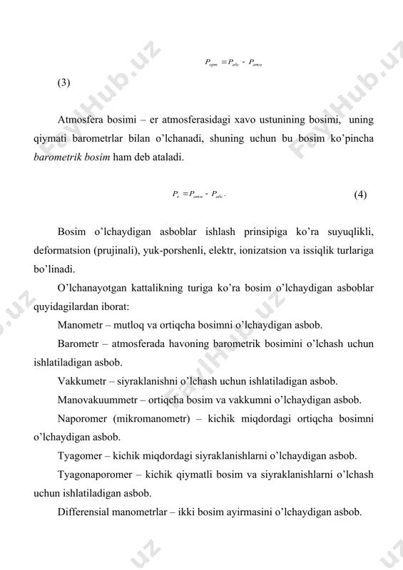 ash idishlar qonuniga asoslangan. naychalarning biri ortiqcha bosimi o’lchanayotgan hajmga ulanadi. agar naychaning ochiq qismidagi suyuqlik ustunining gidrostatik bosimi ikkinchi qismidagi bosim bilan mos kelsa, tizim muvozanat holatda bo’ladi. shunday qilib, quyidagi ifodani yozish mumkin. (5) bu еrda рмут- o’lchanayotgan bosim, n/m2; ратм-atmosfera bosim, n/m2; s – naycha kesimining yuzasi, m2; н – suyuqlik sathining (ustun uzunligining)farqi, m; р – suyuqlikning zichligi, kg/m3; р1- manometrning suyuqlik ustidagi muhit zichligi, kg/m2; g – tezlanish kuchim, m/s2; demak, (6) yoki (7) agar manometrdagi suyuqlik ustida gaz bo’lsa, u holda: sathlar farqi naychaning ung va chap tomonidagi shkala bo’yicha ko’rsatkichlari yigindisi kabi aniqlanadi, ya‘ni (8) bosimlar farqini o’lchashda suyuqlikli differensial ikki naychali manometrining bir tomoniga (musbat) katta bosim, ikkinchi tomoniga esa (manfiy) kichik bosim beriladim. musbat va manfiy tomonlardagi suyuqlik sathining farqi o’lchanayotgan bosimlar farqiga proporsional. (9) ikki naychali manometrlarga bir qator hatolar xosdir. bunga sabab sayuklik meniskining holatini noaniq hisoblanishi, atrof muhit …