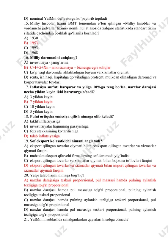 ? a) taklif inflatsiyasiga b) investitsiyalar hajmining pasayishiga c) foiz stavkasining ko'tarilishiga d) talab inflatsiyasiga 19. sof eksport ko’rsatkichi nimani anglatadi? a) eksport qilingan tovarlar qiymati bilan rеeksport qilingan tovarlar va xizmatlar qiymati farqini b) mahsulot eksport qiluvchi firmalarning sof daromadi yig’indisi c) eksport qilingan tovarlar va xizmatlar qiymati bilan bojxona to’lovlari farqini d) eksport qilingan tovarlar va xizmatlar qiymati bilan import qilingan tovarlar va xizmatlar qiymati farqini 20. yalpi talab hajmi nimaga bog’liq? a) narxlar darajasiga teskari proporsional, pul massasi hamda pulning aylanish tezligiga to'g'ri proporsional b) narxlar darajasi hamda pul masasiga to'g'ri proporsional, pulning aylanish tezligiga teskari proporsional c) narxlar darajasi hamda pulning aylanish tezligiga teskari proporsional, pul masasiga to'g'ri proporsional d) narxlar darajasi hamda pul masasiga teskari proporsional, pulning aylanish tezligiga to'g'ri proporsional 21. yaimni hisoblashda sanalganlardan qaysilari hisobga olinadi? a) «teksako» korporatsiyasi aktsiyalarini sotib olish b) iste’mol va doimiy xarajatlar c) uy xo’jaliklarining iste’mol xarajatlari d) …