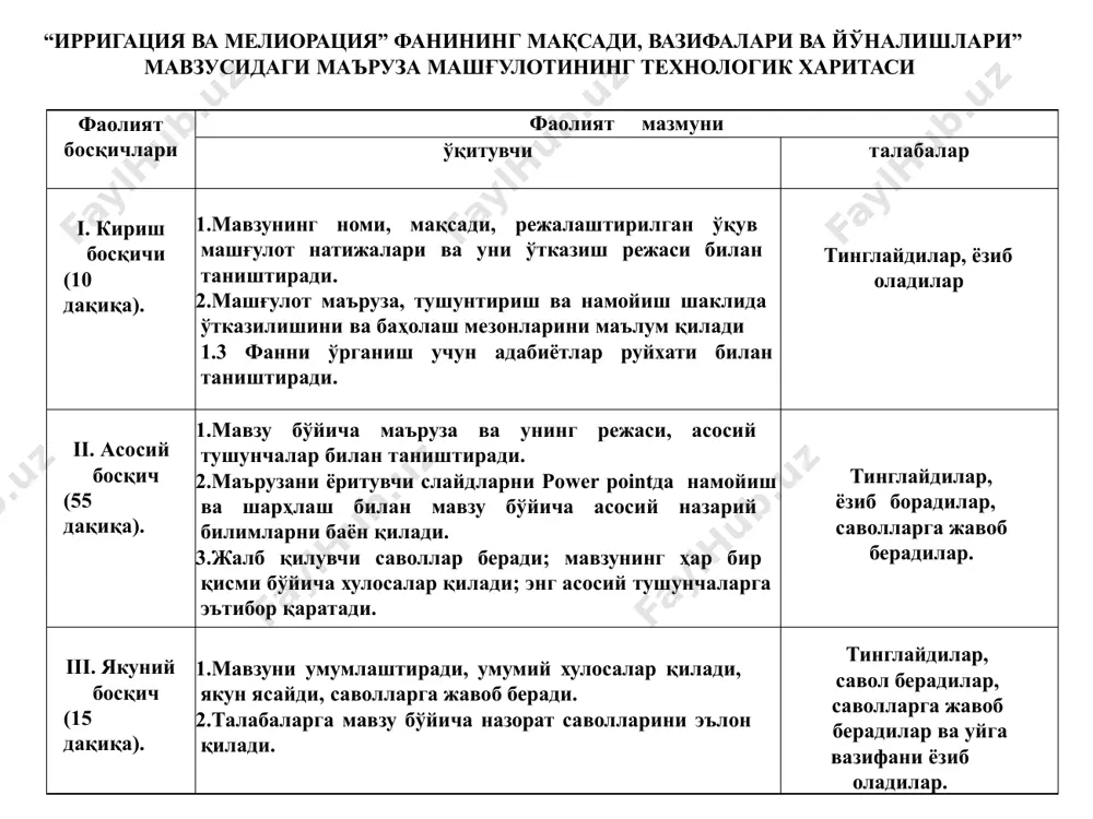 имини яхшилашдир. чучуклаштириш мелиорацияси - тупрокдаги ортикча тузларни чикариб ташлаб, экинлар учун яхши шароит яратиб беришдир. эрозияга карши мелиорация - тупрокни емирилиши ва ювилишига карши кураш ишлардир. кишлок хужалиги мелиорациясини амалга ошириш буйича турлари гидротехник мелиорация агротехник мелиорация урмон мелиорацияси кимёвий мелиорация маданий-техник мелиорация гидротехник мелиорация. бу махсус курилган гидротехник иншоотлар - тугон, канал, сув олгич, ва бошкалар) ёрдамида тупрокни сугориш, захини кочириш, туз режимини яхшилаш ва хар кандай емирилиш, ювилишлардан саклаш жараёнлари бажарилади. агротехник мелиорация. бу агротехник усуллар билан усимликлар учун яхши шароит яратиш максадида тупрокнинг табиат шароитини яхшилашдир. буларга: махсус мелиоратив ер хайдашлар, тупрокнинг хаво режимини яхшилашда найчалар хосил килиш, катта микдорда бир маротаба угит бериш ва бошка агротехник ишлар киради. уларнинг асосий фарки (агротехникадан) шуки, улар куп йиллар давомида узининг самарасини йукотмайди. урмон мелиорацияси. тупрокни сув ва шамол эрозиясидан саклаш учун дарахтларни экиш, улар ёрдамида далаларга яхши микроиклим яратиш, шамол тезлигии камайтириш, дарахтлар илдизи ёрдамида каналлар киргокларини …