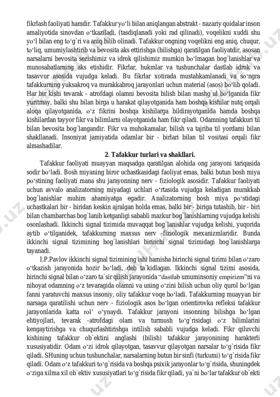 ayni vaqtda tafakkur yordami bilan bu hodisalarning bir - biriga qonuniy bog`lanishdagi chuqurroq sabablar va bundan kelib chiqadigan natijalar ochiladi. biz hodisalarning birin - ketin o‘tayotganligini qayd qilib qolavermaymiz, balki birinchi hodisa bo‘lgani uchun ikkinchi hodisa ro‘y berdi, undan keyingina hodisalarning har qaysisi (masalan, tovush) oldindan hodisa ro‘y berganligi uchun (qalam stolga urilgani uchun) sodir bo‘ladi, deb aniq qilib aytamiz va oldingi hodisaning ro‘y berganligi keyingi hodisaning muqarrar keltirib chiqarganligini anglaymiz. bu hodisalar ularning ma`lum bir vaqt ichida birin - ketin sodir bo‘lganligini idrok qilganimizdan tashqari ular o‘rtasida sabab - natija tariqasida bog`lanishi, ya`ni qonuniy bog`lanish bor, deb aniq qilib aytamiz. biz shu sabab - natija tariqasidagi bog`lanishning o‘zini bevosita idrok qila olmaymiz. uni sezgi organlarimiz vositasi bilan his qilolmaymiz, (ko‘rmaymiz, ushlab ko‘rmaymiz, eshita olmaymiz) balki shu bog`lanish borligini idrokimizga asoslanib turib fikr qilish yo‘li bilan topamiz. so‘ngra ayrim hodisalardagi sabab-natija bog`lanishlari ochilganligiga asoslanib, umumiylashtirish yo‘li bilan voqelikning umumiy qonuniyatlarini …
