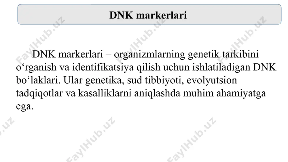 khmonov et al., 2004) bir necha o’zbek navlarining molekulyar-genetik pasporti yaratilgan. biokimyoviy markerlar — bu organizmning fiziologik yoki patologik holatini, yoki dori-darmonlarga bo‘lgan javobini ko‘rsatadigan biologik moddalar yoki parametrlar. ular asosan qon, siydik, to‘qima yoki boshqa tana suyuqliklaridan aniqlanadi. masalan: yurak markerlari: troponin i va t – yurak mushaklarining shikastlanishini ko‘rsatadi (masalan, yurak xuruji). ck-mb (kreatin kinaza - mb fraksiyasi) – yurak xurujida oshadi. myoglobin – yurak yoki mushak shikastlanganda erta ko‘rsatkich. 3. buyrak markerlari: kreatinin – buyrak filtratsiyasini baholaydi. mochevina (bun – blood urea nitrogen) – buyrak faoliyatini ko‘rsatadi. morfologik markerlar nima? biologiyada morfologik markerlar — bu organizmning tashqi ko‘rinishidagi (fenotipidagi) aniq ko‘rinadigan belgilardir. masalan: o‘simlik bargining shakli yoki rangi mevaning kattaligi hayvondagi tuk rangi yoki tananing tuzilishi qon guruhi (odamlarda) ular genetik asosga ega bo‘lib, ma’lum genlar ta’sirida shakllanadi. morfologik va dnk markerlar o‘rtasidagi bog‘liqlik morfologik markerlar fenotipda ko‘rinadigan belgilar bo‘lsa, dnk markerlar genotip asosidagi belgilar hisoblanadi. har …