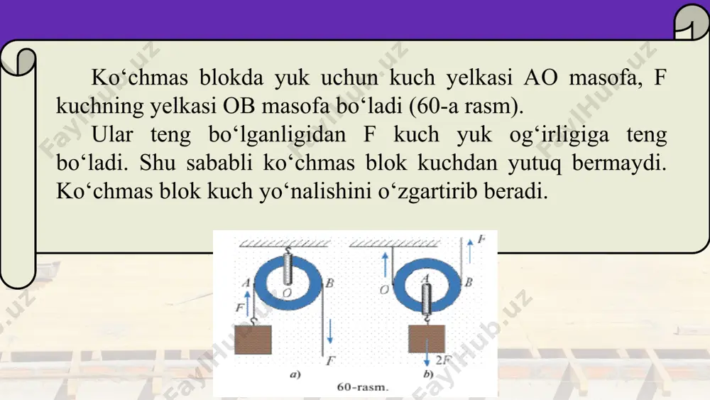 oddiy mexanizmlar. blok, qiya tekislik, vint, pona va chig‘iriqning qo‘llanilishi 6-sinf - Page 5