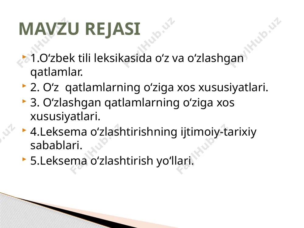 l qiladi semantik usul- ma’no taraqqiyoti mahsuli sifatida yangi leksemaning yuzaga kelishi: ko‘k («rang») — ko‘k («osmon»), yetti («son») — yetti («ma’raka nomi»), yupqa (sifat) - yupqa (ot: «ovqatning bir turi») kabi; affiksatsiya usuli. bunda o‘zak va affikslar turli til materiallari bo‘lishi mumkin, ammo ularning qo‘shilishi o‘zbek tili tarkibida yuz beradi, o‘zbek tilining so‘z yasash qoliplariga asoslanadi, shu sababli bunday yasama so‘zlar o‘zbek tilining o‘z qatlami birligi sanaladi. masalan: bosh (umumturkiy)+ «-la» (o‘zb.) — boshla (o‘zb.) — o‘zbek tili leksikasining boshqa tillardan o‘zlashtirilgan leksemalardan iborat qismi. masalan: maktab, oila (ar.), daraxt, gul (f-t.), axta, bahodir (mo‘g‘.), afandi (turk.), ravshan (sug‘d.), traktor, avtobus (r-b.) va b.lar. bu qismda arab, tojik-fors va rus tillaridan o‘zlashtirilgan so‘zlar ko‘pchilikni tashkil qiladi. 0‘zlashgan qatlam arab tilidan o‘zlashtirilgan so‘zlar fors-tojik tillaridan o‘zlashtirilgan so‘zlar ruscha-baynalmilal so‘ziar otlar — adabiyot, axborot, avlod, ayol, maktab, maorif ma 'naviyat, hosil, hukumat, odam, haqiqat, intizom, inshoot va b.lar; sifatlar — adabiy, …