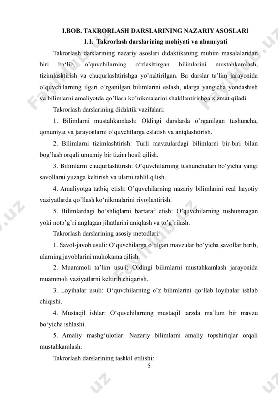 rning o‘z fikrlarini aniq va lo’nda ifodalashlarini rag‘batlantirish. 3. mustaqil fikrlashni o’stirish: savollarga javob izlash jarayonida o‘quvchilar mustaqil ravishda fikrlashadi. 4. ijodkorlikni rivojlantirish: savol-javob jarayonida ijodiy yondashuvlarni kashf qilishga imkon yaratiladi. turlari: 1. ochiq savollar: mavzuni chuqur tahlil qilishga yordam beradi. masalan: "sizningcha, bu muammoning eng samarali yechimi nima?" 2. yopiq savollar: aniq va qisqa javoblarni talab qiladi. masalan: “bu yil qaysi davlat mustaqil bo‘ldi?” 3. tahliliy savollar: o‘quvchilarning fikrlash qobiliyatini sinovdan o‘tkazadi. masalan: “bu qarorning ijobiy va salbiy tomonlarini aytib bering.” 4. muammoli savollar: o‘quvchilarni ijodiy yechimlar topishga undaydi. masalan: “agar siz bu jarayonni boshqargan bo‘lsangiz, qanday o‘zgarishlarni amalga oshirgan bo‘lardingiz?” afzalliklari: taʼlim jarayonini jonlantiradi va interaktiv qiladi. o‘quvchilarni faol ishtirok etishga rag‘batlantiradi. eslab qolish va mavzuni mustahkamlashni osonlashtiradi. muloqot va tanqidiy fikrlash ko‘nikmalarini rivojlantiradi. kamchiliklari: agar noto’g’ri tashkil etilsa, vaqtni samarasiz sarflashga olib kelishi mumkin.har bir o’quvchi javob berishga qodir bo‘lmasligi ehtimoli bor.murakkab savollar o‘quvchilarni qiynab qo’yishi va …