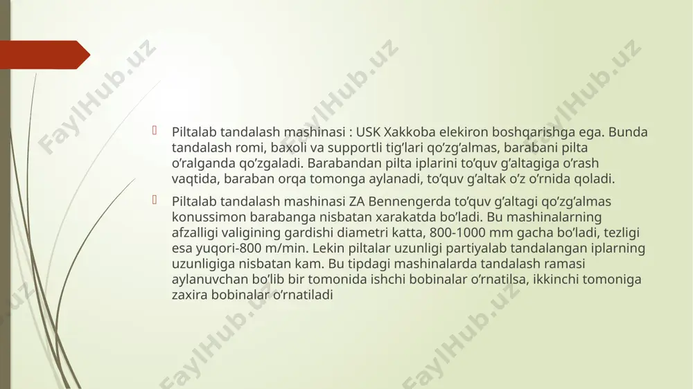 linadi). 2. iplarning tarangligi (taranglovchi moslamadagi shaybalar soni bilan rostlanadi). 3. urama zichligi (iplarning turiga va chiziqli zichligiga bog’lik) 4. tandalash g’altagidagi iplarni muvofik uzunligi 5. iplarni uzulishi. tandalash jarayonidagi chiqindilar iplar uzilganda, babinalarni o’rnatish vaqtida va ularni koldiq iplar xisobiga tandalash jarayonida chiqindilar chiqadi. tandalash jarayonidagi chiqindini aniqlash. /docprops/thumbnail.jpeg