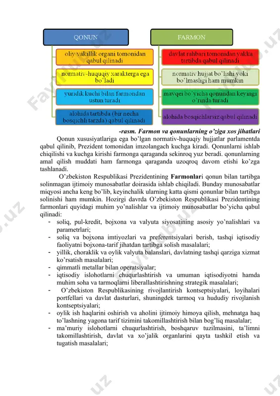 ajburiy kuchga ega bo’lgan farmonlar, qarorlar va farmoyishlar qabul qiladi. o’zbekiston respublikasi prezidentining farmonlari va qarorlari qonun osti hujjatlari ichida yuridik kuchi bo’yicha ustun turuvchi hujjatlar sanaladi. prezident farmonlari ijroiya hokimiyati tizimida eng yuqori kuchga ega bo’lgan qonun osti hujjati bo’lib, an’anaga ko’ra qonundan keyingi o’rinda turadi. farmon prezidentning konstitutsiyada belgilangan vakolatlarini amalga oshirish hujjati hisoblanadi. uning qonundan farqli jihatlari mavjud. prezident tomonidan qabul qilingan farmonni qonun bilan bekor qilish mumkin emas. jumladan prezident bosh vazir taqdimiga binoan toshkent shahar hokimini lavozimiga farmon bilan tayinlasa, uni qonun bilan bo’shatib yuborish mumkin emas. chunki qonun alohida olingan shaxsni hokim lavozimiga tayinlash maqsadlarini o’z ichiga olmaydi. agarda biror qonun bilan bu ish amalga oshirilsa ham u konstitutsiyaga muvofiq kelmaydi. o’z navbatida konstitutsiyada qonun bilan tartibga solish nazarda tutilgan masala bo’yicha farmon chiqarish mumkin emas. farmonlar o’zbekiston konstitutsiyasi va qonunlariga muvofiq, ularning ijrosini ta’minlash maqsadlarida qabul qilinadi. farmonlar mamlakat ijtimoiy-iqtisodiy hayoti hamda davlat …