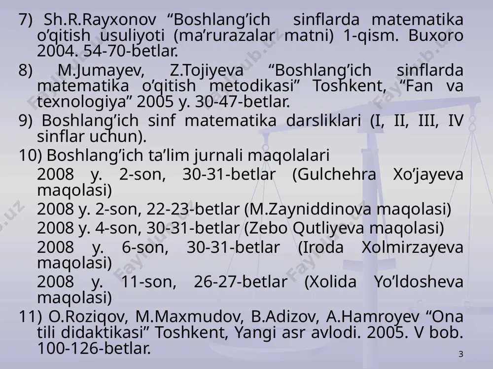 quvchilarda dunyoqarash va mustaqil ishlash elementlari shakllanadi, ular hayotga va mehnatga tayyorlanadi. 12 o’qitish metodlari o’qituvchi va o’quvchilarning birgalikdagi faoliyatlari usuli bo’lib, bu faoliyat yordamida yangi bilimlar, malakalar va ko’nikmalarga erishiladi, o’quvchilarning dunyoqarashi shakllanadi, ularning qobiliyatlari rivojlanadi. 13 o’qitish maqsadi o’qitishni tashkil etish shakllari o’qitish mazmuni o’qitish metodlari o’qitish vositalari 14 s.i.perovskiy, ye.v.golant o’qitish metodlarini tasnif etishda ta’lim manbalarini hisobga olishgan. ular o’qituvchi nutqi, ko’rgazma qurol, darslik hamda qo’shimcha adabiyotlarni ta’lim manbalari sifatida qarab, ta’lim metodlarini 3 guruhga ajratishgan: 1) bilimlarni og’zaki bayon etish 2) ko’rgazmali 3) amaliy metodlar 15 m.a.danilov, b.r.yesipov o’zlarining qator ishlarida ta’lim jarayonining turli zvenolarida bajariladigan ishlar mazmunidan kelib chiqib, ta’lim metodlarini quyidagi guruhlarga ajratishgan. 1) bilimlarni o’rganishga oid metodlar 2) malaka va ko’nikmalarni shakllantirishga oid metodlar 3) bilim va malakalarni tadbiq etish metodlari 4) ijodiy ishlash metodlari 5) bilim va malakani mustahkamlash va tekshirish metodlari 16 m.n.skatkin, i.ya.lerner ta’lim metodlarini tasnif etishda o’quvchilar faoliyati xususiyatlarini …