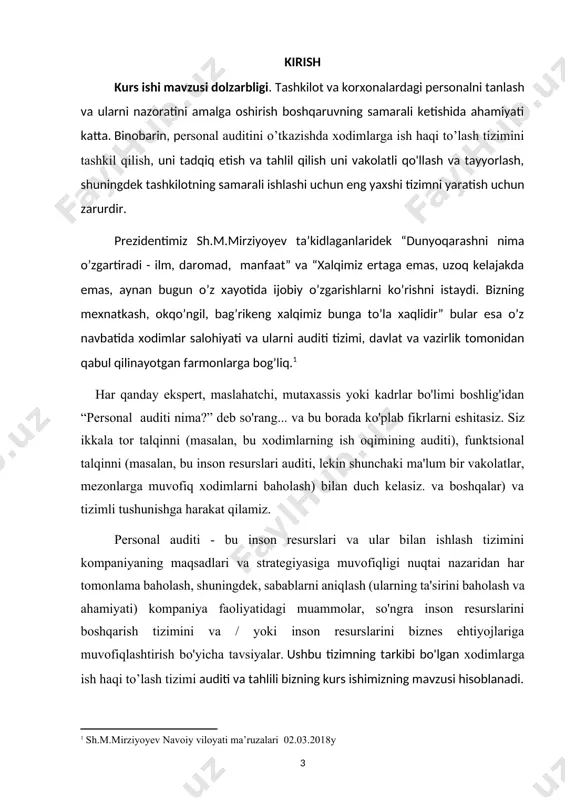 shkil etishning nazariy asoslarini tahlil qilish; 3. xodimlar bilan ish haqi bo`yicha hisob-kitoblar auditining uslublarini o’rganish. kurs ishi uslubiyati va uslublari. kurs ishi mavzusi boyicha o’zbekiston respublikasi prezidenti sh.m.mirziyoyev tomonidan ishlab chiqilgan o’zbekistonning “2022 — 2026-yillarga mo‘ljallangan yangi o‘zbekistonning taraqqiyot strategiyasi to‘g‘risida” , xususan iqtisodiyotni rivojlantirish va liberallashtirishning ustuvor yo‘nalishari, o’zbekiston respublikasi oliy majlisi tomonidan qabo’l qilingan qarorlar, ushbu mavzu bo’yicha yetakchi olimlarning ilmiy tadqiqot natijalari, xorijda va mamlakatimizda to’plangan ilmiy, amaliy tajriba va xulosalardan unumli foydalanilgan. ilmiy ishda mantiqiy sxemalash, statistik guruxlash, dinamik qatorlash, jadvallarni analitik taqqoslash kabi uslublardan foydalanildi. kurs ishi tuzilishi va tarkibi. kurs ishi “personal auditini o’tkazishda xodimlarga ish haqi to’lash tizimini tashkil qilish” mavzusida yozilgan bo’lib kirish, asosiy qism va undagi 3 paragraf, xulosa va takliflar, foydalanilgan adabiyotlar ro’yxatidan iborat. 1. auditning maqsadi, ma'lumot manbalari. buxgalteriya hisobi va ichki nazorat tizimi holatini tеkshirish tashkiliy-huquqiy shakllaridan qat'iy nazar korxonalardagi mеhnat jarayoni ishtirokchilari (xodimlar va ish beruvchilar) …