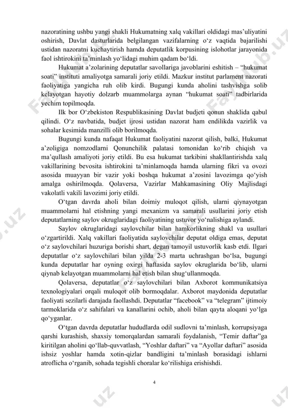 shida salbiy ta’sir ko‘rsatar edi. endilikda esa qonun loyihasi birinchi o‘qishda qabul qilinayotganda qonunchilik tashabbusi huquqi subyektining o‘zi yoki uning vakili ma’ruza bilan chiqishi belgilandi. natijada qonun loyihasining muhokamasi tom ma’noda jonlandi. o‘tgan davrda davlat va jamiyat qurilishi, sud-huquq tizimi, iqtisodiyot va ijtimoiy sohani rivojlantirishning huquqiy asoslarini yaratishga qaratilgan ilgari mavjud bo‘lmagan 50 dan ziyod qonunlar qabul qilindi. masalan, “fuqarolarning reproduktiv salomatligini saqlash to‘g‘risida”gi, “korrupsiyaga qarshi kurashish to‘g‘risida”gi, “ma’muriy tartib-taomillar to‘g‘risida”gi, “jamoatchilik nazorati to‘g‘risida”gi, “maktabgacha ta’lim va tarbiya to‘g‘risida”gi, “volontyorlik faoliyati to‘g‘risida”gi qonunlar shular jumlasidandir. shuningdek, qonunlarning asl mazmun-mohiyatini sodda va tushunarli tarzda aholiga yetkazish maqsadida o‘zgartish va qo‘shimchalar kiritish xususiyatidagi qonunlarning kirish qismida ularning mazmun-mohiyatini ochib beruvchi muqaddimalarni bayon etish amaliyoti joriy etildi. bu esa o‘zgartish va qo‘shimchalar kiritish ko‘zda tutilgan qonunning fuqarolarga, qonunni qo‘llovchilarga sodda va xalqchil tilda tushunish imkonini beryapti. milliy qonunchilikni tizimlashtirish va rivojlantirish maqsadida yangi tahrirdagi qonun o‘rniga yangi qonunni qabul qilish amaliyoti yo‘lga qo‘yildi. …