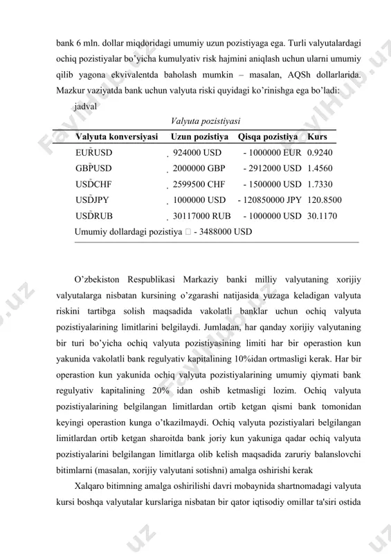 siya sharoitida xorijiy valyutadagi ehtimoliy yo’qotishlar xataridir. ushbu xavf-xatar kurs xatari deb ham belgilanadi. xorijiy valyutadagi pozitsiya qanchalik ko’p vaqt davomida ochiq tursa valyuta kursining nomuvofiq o’zgarishi xatarining ehtimoli shunchalik yuqori bo’ladi. kursning kuchli tebranishi sharoitida esa ushbu xatar bitim tuzilishi paytidayoq paydo bo’ladi. masalan, "a" bank mijozga 5 mln. aqsh dollarini shved kronasiga 1,5550 kurs asosida sotayotgan bo’lsa va ushbu summani shu zahoti yopmasa, unda kursning o’sishi sharoitida quyida keltirilgan jadval ma'lumotlariga asosan valyuta yo’qotishlari paydo bo’ladi hamda misolimizda ushbu yo’qotishlar 25000 (7800000 - 7775000) kronani tashkil etadi. bitim usd kurs sek sotuv 5000000 1,5550 7775000 kursning o’sishi +0,0050 sotib olish 5000000 1,5600 7800000 valyuta kurslarining o’sgan muvozanatsizligi xalqaro mehnat taqsimotiga salbiy ta'sir etadi, tovarlar va xizmatlarning ekvivalent almashuvini qiyinlashtiradi, xalqaro savdoning balanslashganligi hamda hajmiga salbiy ta'sir etadi. valyuta kurslarining muvozanatsizligi importyor va eksportyorlarning o’zlarini xorijdan sotib olish hamda xorijga sotish operatsiyalarini qisqartirishga majbur qiladi. chunki importyor va eksportyorlar …