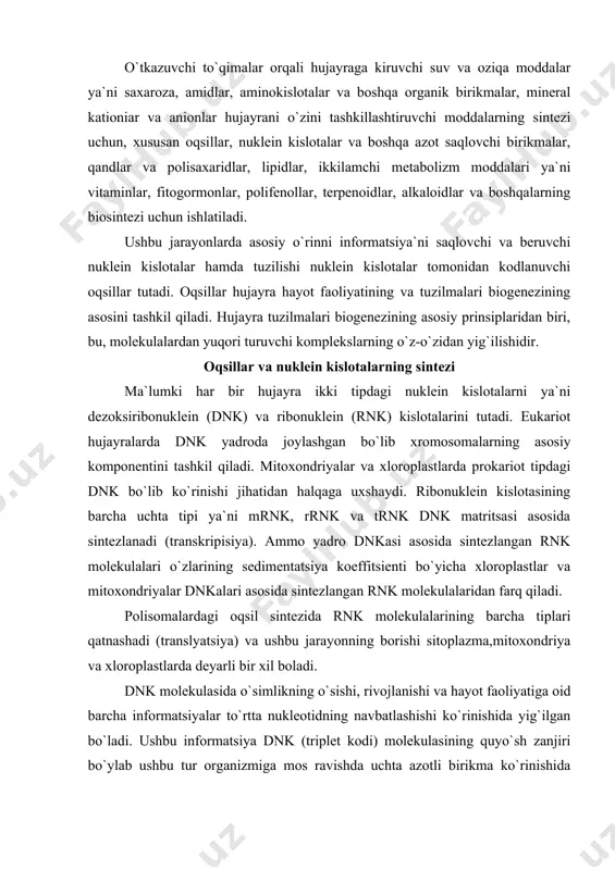 mlikning o`sishi, rivojlanishi va hayot faoliyatiga oid barcha informatsiyalar to`rtta nukleotidning navbatlashishi ko`rinishida yig`ilgan bo`ladi. ushbu informatsiya dnk (triplet kodi) molekulasining quyo`sh zanjiri bo`ylab ushbu tur organizmiga mos ravishda uchta azotli birikma ko`rinishida yig`ilgan bo’ladi. dnk molekulasidan chiquvchi informatsiya sintezlanuvchi oqsil molekuiasini kodlaydi. xi.1-rasmda polipeptid zanjirlarga xos xususiyatlar beruvchi alifatik, aromatik, oltingugurt tutuvchi, dikarbon, ikki asosli, oksiaminokislotalar va iminokislotalar keltirilgan. o`z navbatida aminokislotalarning navbatlanishi oqsil molekulasining tuzilishini va xususiyatlarini belgilaydi. dnk molekulasidan oqsil molekulasiga informatsiya`ning berilishida rnk molekulalari qatnashadi. dnk qo`shaloq zanjirining replikatsiyasi: prokariot organizmlar genomiga nisbatan eukariot organizmlar genomi juda murakkab tuzilgandir. bu albatta tabiiydir. chunki prokariot genomi faqat bir hujayraning tuzilishini belgilasa, eukariot organizmlar genomi butun bir murakkab tuzilgan organizmning o` sishini, rivojlanishini va umuman butun ontogenez haqida ma’lumot tutganligi tufayli milliarlarcha informatsiya tutadi. shu sababli ham evolyutsiya mobaynida xromosomalardagi dnk massasi ortib borib genlar ekspretsiyasi va boshqariluv sistemasi murakkablasha borgan. eukariot organizmlarning xromosoma apparati quyidagi hollar bilan …