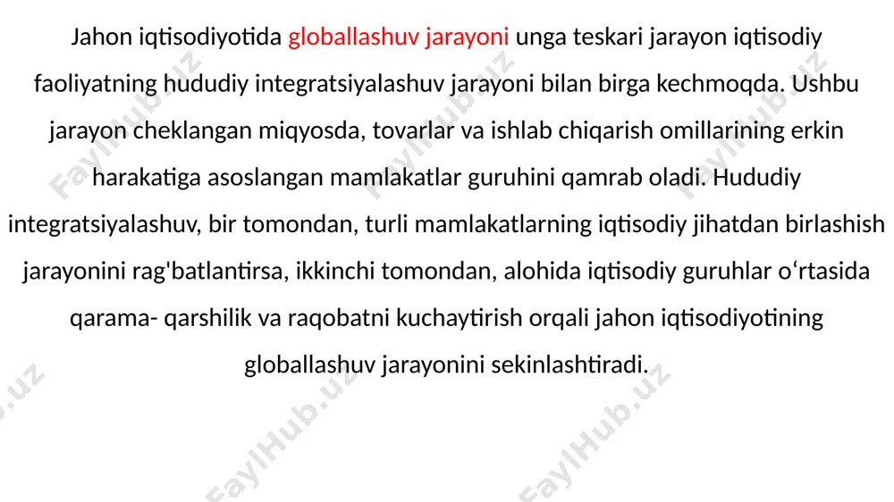 erkinlashtiruvchi va proteksionizm siyosatini cheklovchi iqtisodiy erkinlashuvning boshqa shakllarini keng joriy etilishi; — kapital to‘planishi va markazlashuvining kuchayishi, hosila moliyaviy instrumentlar bilan bog‘liq operatsiyalarning oshishi, valutaviy bitimlarni amalga oshirish vaqtining keskin qisqarishi; — xalqaro moliya tashkilotlari tomonidan makroiqtisodiy siyosatning yagona mezonlarini joriy etilishi va boshqa iqtisodiy siyosatga oid talablarning birxillashtirilishi; — standartlashtirish tendensiyasining kuchaytirilishi. barcha mamlakatlar tomonidan texnologiya, ekologiya va moliyaviy tashkilotlar faoliyatida, shuningdek, buxgalteriya va statistik hisobotlar tizimida yagona standartlardan foydalanishning keng joriy etilishi. 4. axborot omillari: — moliyaviy, iqtisodiy, ilmiy-texnik hamda ishlab chiqa- rishga oid ma’lumotlar almashinish tizimining tubdan o‘zgarishi. ma’lumotlarni taqdim etish, qabul qilish va qayta ishlashning mutlaqo yangi tizimlarining yuzaga kelishi va rivojlanishi nou- xau va professional xizmatlarni o‘z ichiga olgan moliyaviy va mahsulot bozorlarini birlashtiruvchi global tarmoqni yaratishga yordam berdi; — bitta markaz orqali turli mamlakatlarda joylashgan ishlab chiqarishlarni boshqarishga imkon beruvchi tizimning shakllanishi; — mahsulotlarni realizatsiya qilishning yangi shakllari vujudga kelishi. jahon iqtisodiyotining globallashuv …