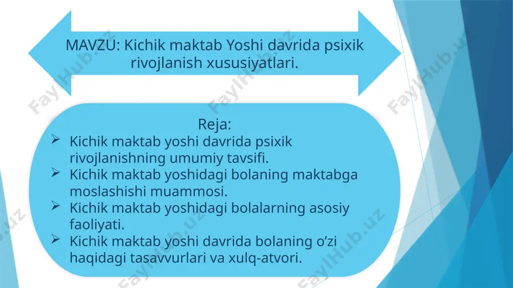 i talablariga bo’ysunish ham yuklatilganligini his eta boshlaydi. oila a’zolarining bola o’quv faoliyati, yutuqlari bilan qiziqayotganligi, shuningdek, uni nazorat qilayotganligi, unga qilinayotgan yangi muomala, munosabat uning ijtimoiy mavqei o’zgarganligini to’la his etishiga, o’ziga nisbatan munosabatining o’zgarishiga asos bo’ladi. kattalar bolalarni amaliy jihatdan o’z vaqtlarini to’g’ri taqsimlash borasida yaxshi o’qish, o’ynash, sayr qilish va boshqa narsalar bilan shug’ullanishga o’rgatadilar. demak, oilada bola u bilan hisoblashadigan, maslahatlashadigan yangi bir o’rinni egallaydi. o’quvchining maktabdagi muvaffaqiyati uning keyingi psixik rivoji va shaxsining shakllanishida to’liq ijobiy asos bo’ladi. ta`lim jarayonida har bir holatga alohida yondoshuv zarur. chunonchi, og`ir nutqiy nuqsonli bolalar alohida xususiyatlarga ega bo`ladilar. shu sababli ularda, umumta`limiy tayyorgarlikdan tashqari, korrektsion (tuzatish) yo`nalishdagi ta`limga ehtiyoj bor. mavzuning dolzarbligi – hozirgi vaqtda bog`cha maktab va boshqa ta`lim muassasalarida rivojlanishda nuqsoni bo`lgan bolalar aniqlanadi. maktabgacha va boshlang`ich maktab tizimi shu muammolarni bartaraf qilishga ham mas`ul bo`lib hisoblanadi. rivojlanishida ba`zi yengil (nutqiy, eshituv va boshqa) nuqsoni bo`lgan …
