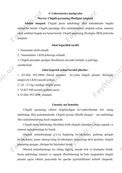 chigitli paxtaning iflosligini aniqlovchi laboratoriya mashg‘uloti — DOCX