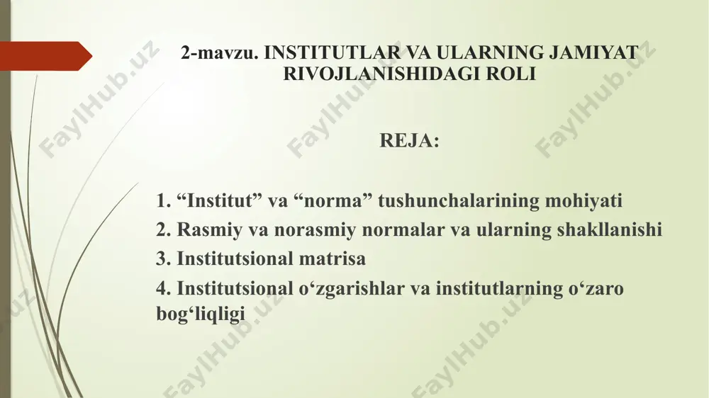 r – bu insonlar ularga amal qilgan holda turmush kechiradigan odatiy tafakkur tarzi. institutlar – bu o‘tmishda sodir bo‘lgan jarayonlar natijasi bo‘lib, ular o‘tmish sharoitlariga moslashgan va, o‘z navbatida, hozirgi vaqt talablariga to‘liq moslashmagan. е. erdvard institutlar – bu ko‘plab individuumlar ulardan hamma joyda va har kuni foydalanadigan va asosan o‘zining noyobligi bilan tavsiflanadigan ijtimoiy ne’matlar. institutlar almashuv jarayonini soddalashtiradi. ular – qarorlar qabul qilish jarayonining yakka tartibdagi qarorlarni ijobiy qarorlarga aylantiruvchi ajralmas qismi. j. xodjson institutlar – an’ana, urf-odat yoki qonunchilik cheklovi orqali uzoq muddatli va barqaror xulq-atvor namunalarining yaratilishiga olib keluvchi ijtimoiy tashkilot. b.z. milner institutlar – bu insonlar tomonidan ishlab chiqilgan cheklovlar hamda ularning o‘zaro hamkorligini tarkiblashtiruvchi majburlash omillari. bularning barchasi birgalikda jamiyat va iqtisodiyotning undovchi tarkibini hosil qiladi. umumiy tushuncha institut – bu jamiyat a’zolari o‘rtasidagi o‘zaro munosabatlarni belgilab beruvchi rasmiy qoidalar va norasmiy normalar tizimi. institutlar asosini uning tarkibiy qismlari hisoblangan normalar tashkil etadi. norma …