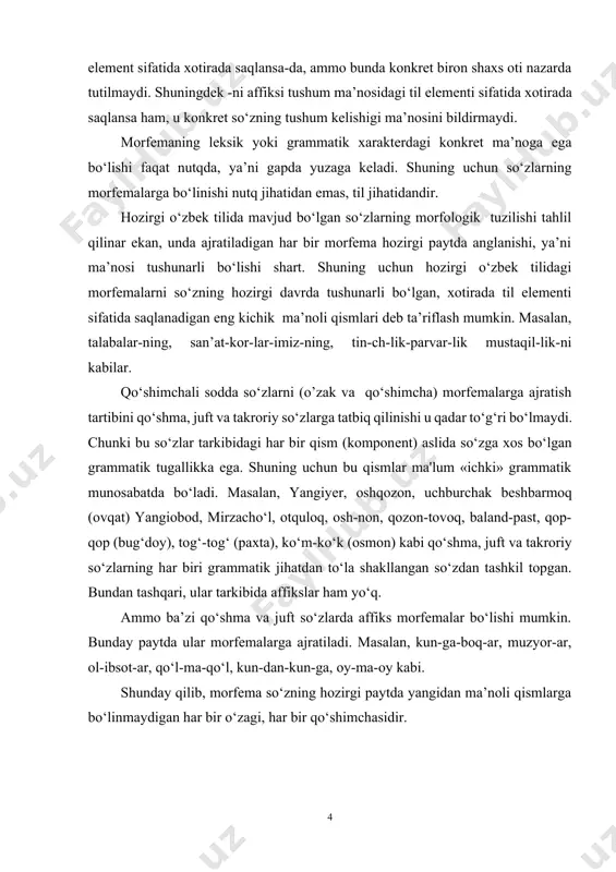 tsion vositaga aylanib ketgan, leksemalikdan mahrum bo‘lgan. [noma], [goh], [xo‘r] leksemasi ham shunday tarixiy siljishni boshidan kechirgan. albatta, tildagi bunday hodisalar ilmiy muammo bo‘lib, maxsus tekshirish natijasida tayinli xulosaga kelish mumkin. chunki bu birlikning turkiy unsurlar emasligi shuni taqozo qiladi. morfemika so‘zning nomustaqil tarkibiy qismi haqidagi ta’limot. ma’lumki, o‘zbek tilida, flektiv tillardagidan farqli o‘laroq, o’zak mustaqil ma’no anglatish xususiyatiga ega. so‘zning o’zakdan boshqa qismlari esa undan ayricha qo‘llanmaydi va ma’no anglatmaydi. shuning uchun ular morfema deyiladi. leksema shakllanuvchanlik morfema shakllantiruvchanlik belgisiga ega. nomustaqillik tabiati va leksemaga shak berish vazifasiga xoslanganligi ularni morfema deb atashga olib kelgan. morfemaning nutqiy ko‘rinishi qo‘shimcha deyiladi. leksema tarixiy taraqqiyot natijasida morfemaga aylanib borishi, morfema esa so‘zning o‘zagiga singib ketishi mumkin. masalan, [xona] leksemasi taraqqiyot natijasida ikkiga ajralgan. bir ma’nosida «joy» semali yasama so‘zni hosil qiluvchi derivatsion vositaga aylanib ketgan, leksemalikdan mahrum bo‘lgan. [noma], [goh], [xo‘r] leksemasi ham shunday tarixiy siljishni boshidan kechirgan. albatta, tildagi bunday …