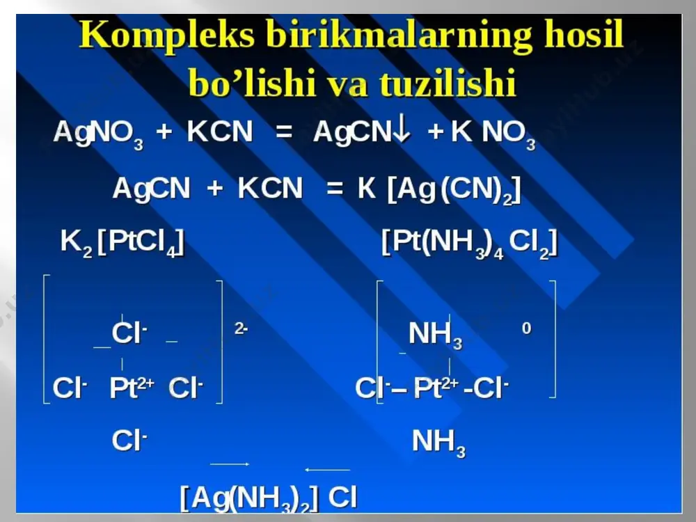 ati: [cd (cly)]+ + tpb (γ –4) [cd (γ)]2­ + gly –lg β =4,80 lg β =16,46 – metall raqobati: fe(ala)2 + hg2+ [hg(ala)2] + fe2+lg β =7,3 lg β =18,8 bu ikki raqobat turi odam organizmida biometallar ishtirokida boradigan va qator zaharlanish hollarining mexanizmlarini tushuntirishni asosiy mezonlari sifatida qaralishi mumkin. qator davolash usullari aynan shu ikki holatga asoslangandir (xelatoterapiya). tibbiyotdagi ahamiyati tibbiyotda unitiol, dimerkaprol (bal), dimerkaptoqahrabo kislota, penitsilamin, aurintrikarbon kislota, etilendiamin tetrasirka kislota (edta), etilendiamin tetrasirka kislotaning ikki natriyli tuzi, pentatsit va boshqalarqoʻllanadi: ularni oʻziga boʻlab oladi va organizmdan chiqarib yuboradi. tibbiyotda bir nechta ogʻir metallar bilan zaharlanishdadavolash, mos kelgan ikki va undan ortiq antidotlar bilan amalga oshiriladi. ba’zi holatlarda ogʻir metallarni organizmdan chiqarib yuborishuchun makrotsiklik ligandlar ishlatiladi, masalan, kriptandlar. buantidotlarning afzalligi ma’lum bir metall ioniga bogʻlanishi, y’anitanlab ta’sir etishidir. masalan, u zn2+ va ca2+ bilan kompleks hosilqilmaydi, noorganogen cd2+, as3+ lar bilan barqaror kompleks birikma hosil qilib kompleksonometrik …