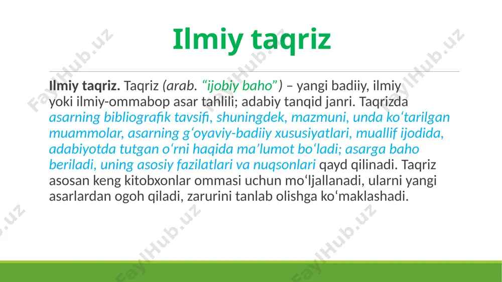 lari, ilmiy tadqiqotlaridan iqtibossiz keltirilgan fikrlar, nazariy g‘oyalar plagiat hisoblanadi. biron ishda boshqa kishining so‘zlari, g‘oyalari, grafik tasvirlari, nazariyalari va ishlanmalaridan ularning haqiqiy yaratuvchilari muallifligini e’tirof etmasdan foydalanish plagiat deyiladi. plagiat (lotincha “plagio” – o‘g‘irlayman) – adabiyot, fan, san’at asari, kashfiyot yoki ratsionalizator taklifiga mualliflikni (qisman yoki to‘la) qasddan o‘zlashtirish. matnning originalligi matnning originalligi – plagiatga qarama-qarshi tushuncha. matnda plagiat qancha ko‘p bo‘lsa, uning originalligi shunchalik past bo‘ladi. masalan, “antiplagiat” dasturi matnning originalligi darajasini 70% deb ko‘rsatsa, bu matnning 30 %i original emas, o‘zlashtirilgan deb topiladi va ushbu qismning plagiat ekanligini anglatadi. oliy ta’lim muassasalarining matn originalligiga qo‘yadigan talablari turlicha bo‘lib, 70% dan 90% gacha ko‘rsatkichlarda ifodalanadi. originallikning bunday darajasiga talaba erishishi qiyin. ayniqsa, huquqiy sohalarda har qanday qonun yoki normativ hujjatdan berilgan parcha plagiat belgisini keltirib chiqaradi. foydalanilgan adabiyotlar va matnning boshqa shu kabi qismlari ham “antiplagiat” dasturida o‘z aksini topadi. shubhali holatlarda plagiatning oldini olish. plagiatning oldini olish …