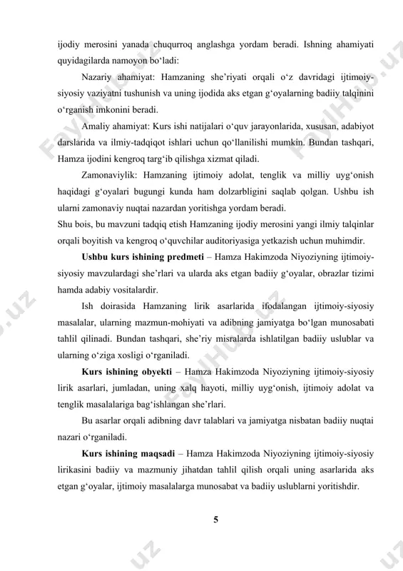 larga undashga harakat qildi. uning she’rlaridagi xalqparvarlik, ma’rifatparvarlik va milliy g‘oyalar bugungi kunda ham o‘z dolzarbligini saqlab qolgan. hamza o‘z davrida ko‘plab ijtimoiy va siyosiy hodisalarga tanqidiy yondashgan. uning asarlarini yaratishda o‘zining zamonidan oldingi va keyingi adabiy an’analar bilan bog‘lanishi, shuningdek, xalqning ruhiyatini chuqur anglagan holda, she’riyati va dramalarida chin dildan ifoda etilgan. shunday qilib, hamzaning ijodini tahlil qilishda uning yashagan davri, siyosiy va ijtimoiy holatlari, xalqning turmush tarzi va ma’naviy muammolari muhim o‘rin tutadi. uning asarlaridagi tarixiy asoslar nafaqat o‘z zamonasi, balki keyingi davrlarning ijtimoiy-siyosiy jarayonlariga ham o‘z ta’sirini ko‘rsatdi.[footnoteref:1] [1: hakimzoda niyoziy, hamza. (1982). hamza: tanlangan asarlar. toshkent: fan. – 45-78 betlar.] hamza hakimzoda niyoziyning ijodiy faoliyati xx asr boshlaridagi o‘rta osiyo hududida sodir bo‘lgan muhim tarixiy voqealar bilan chambarchas bog‘liq. bu davrda milliy uyg‘onish harakatlari avj olgan, jadidchilik g‘oyalari keng tarqala boshlagan va jamiyatda ijtimoiy adolatni ta’minlashga qaratilgan islohotlar zarurati sezilgan edi. hamza o‘z ijodida o‘sha davrdagi …