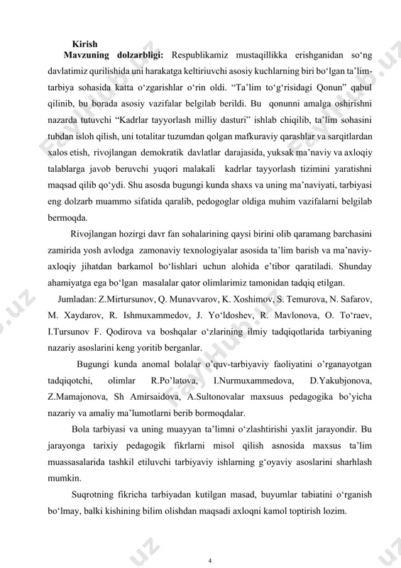 likni oldini olishning o‘quv-tarbiya faoliyatining mazmuni, yo‘llari, shakl, metod va vositalari. kurs ishining vazifalari: 1.maxsus maktablarda o‘quv-tarbiya jarayoni mazmunini ochib berish; 2. maxsus pedagogika yo‘nalishlarini tahlil qilish; 3. maxsus maktabning ma’muriy, metodik, tashkiliy xujjatlarini o‘rganish. 4. yo‘nalishlar bo‘yicha muassasalarni metodik ta’minlash vositalarini yoritib berish. kurs ishning metodologik asoslari: o‘zbekiston respublikasining konstitutsiyasi; “ta’lim to‘g‘risida”gi qonun va “kadrlar tayyorlash milliy dasturi”, “yoshlarga oid davlat dasturi”, “yoshlar kelajagimiz davlat dasturi” va yosh avlodni shakllantirish to‘g‘risidagi vazirlar mahkamasi tomonidan chiqarilgan qarorlar; sharq mutafakkirlarining asarlari, fikrlari; yosh avlodga zamonaviy usullar yordamida ta’lim berish, maxsus pedagogik bilimlar to‘g‘risidagi pedagogik, psixologik, didaktik nazariyalar xizmat qiladi. kurs ishining metodlari: maxsus pedagogik, manbalar va davriy nashrlarda chop etilgan mavzuga doir materiallarni o‘rganish; nazariy tahlil; anketa; suhbat; pedagogik kuzatish; pedagogik tajriba; test; matematik statistika. kurs ishining ilmiy yangiligi: 1.bolalarda anomallikni oldini olish , o‘quv-tarbiya jarayoni mazmuni ochib berildi. 2.maktabning ma’muriy, metodik, tashkiliy xujjatlari o‘rganildi; 3.yo‘nalishlar bo‘yicha muassasalarini metodik ta’minlash yo‘llari …