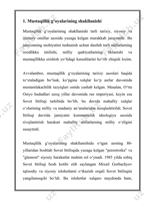 jihatdan yetukligini, milliy yuksalishni taʼminlashdagi qatʼiyatini va kelajak avlodlarning ravnaqi yoʻlidagi intilishlarini aks ettiradi. 2. oʻzbekiston mustaqillik harakati tarixi oʻzbekiston mustaqillik harakati tarixi haqida ma'lumot oʻzbekiston mustaqillik harakati asosan 1980-yillarning oxiri va 1990-yillarning boshlarida kuchaygan. bu davrda sobiq sovet ittifoqi tarkibida boʻlgan oʻzbekiston oʻzining mustaqil davlat sifatida shakllanishiga intilishni boshladi. mustaqillik harakati ikkita asosiy yoʻnalishda rivojlandi: madaniy va siyosiy. 1989-yilda islom karimov oʻzbekiston kommunistik partiyasi birinchi kotibi etib saylandi. shu yilning oʻzida oʻzbekiston ssrda oʻzbek tiliga davlat tili maqomi berildi, bu esa milliy oʻzlikni mustahkamlash yoʻlidagi muhim qadam edi. 1990-yil 20-iyunda oʻzbekiston ssr oliy soveti mustaqillik deklaratsiyasini qabul qildi, bu esa oʻzbekistonning suveren davlat sifatida qadam qoʻyganini bildiradigan huquqiy asos hisoblanadi. 1991-yil 31-avgustda oʻzbekiston o‘zining davlat mustaqilligini e'lon qildi. shu yilning 1-sentabrida mustaqillikning birinchi kuni milliy bayram sifatida nishonlanadigan qilib belgilandi. 1991-yil 29-dekabrda oʻzbekistonda o'zbekiston respublikasining birinchi prezidenti saylovi o'tkazildi va islom karimov prezident etib saylandi. shu tariqa, oʻzbekiston rasmiy …