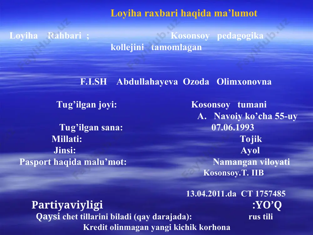 kredit qoldig`i qaytariladigan kredit tani % to`lovlari jami to`lov davr oxiriga kredit qoldig`i 1 11 250 000 0 65625 65625 11 250 000 2 11 250 000 1022727 65625 1088352 10 227 273 3 10 227 273 1022727 59659 1082386 9 204 545 4 9 204 545 1022727 53693 1076420 8 181 818 amartizatsiya ---4900 000 so’mdan iborat tehnologiya mavjud yaroqlik muddati 5 yil = 120 oy 4900 000/60=81.666... samaradorlik ko`rsatkichlari: yalpi foyda koeffisenti: yalpi foyda(yf)ni savdo hajmini (sх)ga nisbatini 100 ga ko`paytirish orqali aniqlaymiz “kamolotshukronasi” xususiy korxonasida bajaradigan ishlar yuzasida 4ta bo’sh ish o’rni yaratiladi. № lavozimi ishchi soni ish-haqi 1 boshqaruvchi 1 300 000 3 katta usta 1 200 000 4 kichik usta 2 100 000 jami: 4ta 700 000 иш режаси № боскичлар мутассади муддати назоратчи 1 bozorni o`rganish boshqaruvchi har oyning oxirgi haftasida boshqaruvchi 2 mahsulot sifatini tekshirish katta usta doimiy boshqaruvchi 3 xom-ashyo etkazib berish …