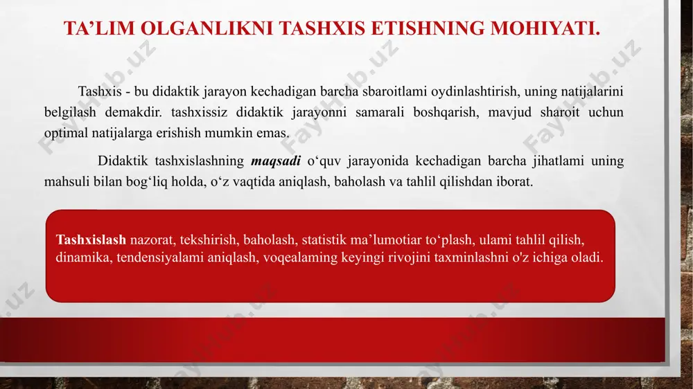 i o'rtasidagi o'zaro aloqalami o'zlashtirish eifatini tashxislash. davriy tekshirishning asosiy vazifasi — tizimlashtirish va umumlashtirish. tekshirishni tashkil etishda beshinchi bo ‘g ‘in ta’lim oluvchilaming ta’lim jarayonining barcha bosqichlarida egallangan bilim, ko‘nikma va malakalarini yakuniy tekshirish va hisobga olishdir. 0 ‘zlashtirishning yakuniy hisobi har bir chorak va o‘quv yili oxirida o'tkaziladi. u olingan baholami qo‘shib, o‘rtacha arifmetik ballni mexanik tarzda chiqarishdangina iborat bo‘lmasligi lozim. bu, awalo, mazkur bosqichda belgilangan maqsadga muvofiq tarzda amaldagi ta’lim olganlik darajasi (sifati)ni tashxislashdir. tekshirishdan tashqari nazorat o‘z ichiga baholashni (jarayon sifatida) va bahoni (natija sifatida) ham oladi. baholash deb bilim, ko‘nikma va malakalami o‘quv dasturida ko‘rsatilgan etalon (ko‘rstakich, qolip, o‘lchagich)lar bilan solishtirishni aytamiz. baho deb baholashning ball shaklida ko‘rsatilgan son jihatdan o‘lchamiga aytiladi. o'zlashtirish tabellari, sinf, guruh jumallari, reyting daftarchalari va shu kabilarda baholar shartli belgilar, kod signallari, xotiralash belgilari va xokazolar baho ko‘rinisbida qayd etiladi. 0 ‘quvcbining o‘zlashtirish darajasini baholash uchun nazorat yakunlari (natijalari) asos …