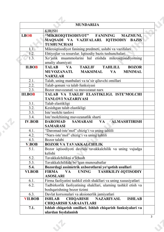 at bozori 12.2. ish haqi o‘sishining dam olish vaqti bilan ishlash vaqti o‘rtasidagi nisbatga ta’siri 12.3. ish haqi stavkalari differensiyasi (tabaqalashuvi) xiii.bob kapital qo‘yilmalar va kapital bozori 13.1. kapital bozori 13.2. uzoq muddatli oraliqdagi investitsiya 13.3. jamg‘arma va vaqt bo‘yicha chekli tanlash normasi 13.4. qiymatni diskontlash. investitsiyani hisoblashdagi diskontirlangan qiymat. yer bozori. xiv.bob korxonalar faoliyatini davlat tmonidan tartibga solish 14.2. tranzaksion xarajatlar 14.3. kouz teoremasi 14.4. ijobiy va salbiy tashqi samaraga ta’sir qilish ii-qism. makroiqtisodiyot xv.bob “makroiqtisodiyot” faniga kirish. asosiy makroiqtisodiy ko‘rsatkichlar va ularni hisoblash 15.1. “makroiqtisodiyot” fanining shakllanish tarixi, predmeti va ob’ekti 15.2. makroiqtisodiyot fanining tadqiqot usullari 15.3. milliy iqtisodiyotni tahlil qilishda qo‘llaniladigan asosiy ko‘rsatkichlar 15.4. yalpi ichki mahsulot tushunchasi va uni hisbolashning asosiy shartlari 15.5. yaimni ishlab chiqarish usulida aniqlash xvi.bob bozor iqtisodiyotining davriy rivojlanishi. ishsizlik. inflyatsiya va antiinflyatsiya siyosati 16.1. iqtisodiy davrlar va iqtisodiy tebranishlar sabablari 16.2. ishsizlik tushunchasi va ishsizlik darajasini o‘lchanishi 16.3. ishsizlikning iqtisodiy oqibatlari. …