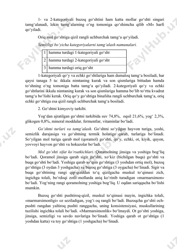 lishi, so‘yilgan massalari kg da foydalaniladi. go‘shtni chiqishi so‘yilgan massaini qabul qilib olingan massasiga nisbatan % da ifodalanganidir. qora mol go‘shtini chiqishi 55-70% ni qo‘y go‘shtini chiqishi esa 55-56% ni tashkil qiladi. qora mol naslini mahsuldorligiga qarab 3 ta yo‘nalishga bo‘linadi. go‘sht beradigan, sut beradigan va go‘sht sut beradigan. go‘sht sanoati uchun go‘sht beradigan naslni ko‘paytirish maqsadga muvofiq bo‘ladi. bu nasl qoramollar sifatli go‘sht beradi, go‘shtni chiqishi ham yuqori bo‘ladi. mol nimtasini asosiy qismini mushak to‘qimasi tashkil qiladi. yog‘ o‘rtacha miqdorda muskullar orasida yeg‘iladi. qo‘yni go‘shti yung beradigan, sut beradigan, go‘sht-yog‘ beradigan nasllarga bo‘linadi. qo‘yni dumbali nasli 20 kg gacha dumba yog‘i beradi. qo‘yni go‘sht-yung beradigan nasli, yuqori sifatli go‘sht beradi. go‘shtning semizlik kategoriyalari tamg‘alab belgilanadi. har qaysi tamg‘ada respublikaning qisqartirilgan nomi, korxona nomeri, go‘shti qaerda tamg‘alangani, yana «vetkorik» so‘zi ko‘rsatiladi. 1-kategoriyali mol go‘shtiga binafsha rangli dumaloq tamg‘a bosiladi. har qaysi nimtaning tashqi tomoniga beshta tamg‘a bosiladi. kurak, ort, bel, …
