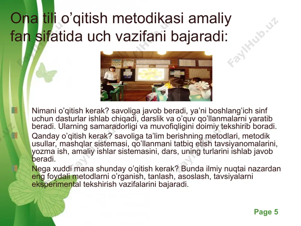 ya, stilistika) ni o’zaro bog’langan holda o’rganish hisoblanadi. masalan, morfologiyani sintaksisga tayangan holdagina o’rganish, o’zlashtirish mumkin. sintaksisni o’rganishda esa morfologiyaga suyaniladi, orfografiya, fonetika, grammatika, so’z yasalishiga suyanadi va h.k. so’zni morfemik tomondan tahlil qilish uning ma’nosini tushunishga yordam beradi. tilning hamma tomonlari bir-biri bilan o’zaro bog’langan bo’lib, o’qitishda buni albatta hisobga olish kerak. free powerpoint templates page * tilga sezgirlikni o’stirish tamoyili. til – juda murakkab hodisa, uning tuzulishini, sistemasini fahmlab olmay turib, sal bo’lsa-da, uning qonuniyatlarini, o’xshashliklarini o’zlashtirmay turib uni yodda saqlab bo’lmaydi. bola gaplashish, o’qish, eshitish bilan til materiallarini yig’adi, uning qonunlarini o’zlashtiradi. natijada kishida tilga sezgirlik (til hodisalarini tushunish) xususiyati shakllanadi; tilni egallash mumkin emas. nutqning ifodaliligiga baho berish tamoyili. bu tamoyil til hodisalarining tushunmay turib savodli yozish, nutq madaniyati vositalarining xabar berish funksiyasini tushunish bilan bir qatorda, uning ifodalilik (uslubga oid) funksiyasini tushunishni, mazmuninigina emas, balki so’z va nutq oborotlarining, tilning boshqa badiiy-tasviriy vositalarining hissiy ottenkalarini …