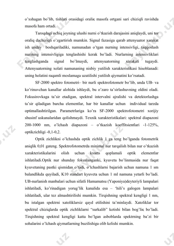sf-2000 spektrofotometrdan quyidagi hollarda foydalanish mumkin: · individual moddalar va ko’p komponentli sistemalar analizi uchun; · suvdagi noorganik moddalar miqdorini nazorat qilish uchun; · ishchi zona havosini nazorat qilish uchun; · tuproq tarkibidagi kimyoviy moddalar miqdorini nazorat qilish uchun; · oziq-ovqat maxsulotlarini nazorat qilish uchun. · iq-spektrometrning ishlash printsipi · infraqizil spektrlar odatda (hardoim emas) foiz o’tkazishning to’lqin soniga bog’liqligi ko’rinishida yoziladi. zamonaviy ikki nurli spektrometr ma’lum bir to’lqin uzunligidagi yutilmagan yorug’lik intensivligi foizida qayd etadi. yutilish ѐkioptikzichlik, nur o’tkazuvchanlik bilan bog’liqligi quyidagi tenglama yordamida ifodalanadi: · a= –lgi/i0. · o’tkazish(t)=100%,bundaa=0vai/i0 nisbatga teng. · istalgan spektral jixozning printsipial sxemasi (18-rasm) uchta asosiy qismdan iborat: ѐrituvchi i, spektral (optik) ii, va qabul qilib qayd etuvchi iii qurilmalar.yorituvchi qismga yoritgich manbai (1) va kondensor linzalar yoki ko’zgular (2) kiradi, ular asbobning kirish tirqishini (4) bir tekis yoritadi. kyuvetada (3) o’rganilishi kerak bo’lgan namuna va etalon namuna o’rnatiladi. · spektr qismi (monoxromator) kirish …