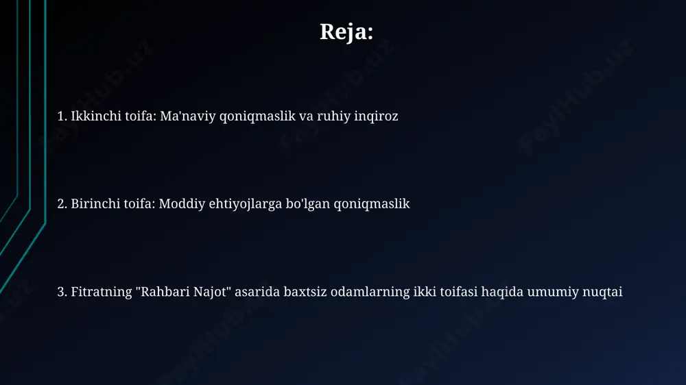 , ya'ni shaxsiy baxtsizlik, ijtimoiy adolatsizlik va ruhiy buzuqliklarni tahlil qiladi. baxtsizlikning ikki toifasi haqida umumiy ma'lumot "rahbari najot"da ta'kidlanganidek, taxminan 70% baxtsizlik ma'naviy qashshoqlikdan, qolgan 30% esa moddiy qashshoqlikdan kelib chiqadi, deb hisoblaydi fitrat. ushbu ikki toifaning farqini aniqlashda fitrat insonning ichki dunyosi va tashqi sharoitlari o'rtasidagi munosabatlarga e'tibor qaratadi, 2 ta asosiy omilni – bilim va mehnatni ta'kidlaydi. fitrat "rahbari najot"da baxtsiz odamlarni ikki toifaga – moddiy va ma'naviy jihatdan qashshoqlarga ajratadi, bu ikki toifa o'zaro bog'liq bo'lib, birining yomonlashuvi ikkinchisining yomonlashuviga sabab bo'ladi. g'aflat va uning inson hayotiga ta'siri g'aflatning inson hayotiga salbiy ta'siri, uning 5 ta asosiy tuyg'usini (xafa bo'lish, qayg'urish, nafrat, qo'rqish, umidsizlik) kuchayishiga olib keladi, deb ta'kidlaydi. a. fitrat "rahbari najot"da g'aflatni insonning 2 ta asosiy baxtsizlik sabablaridan biri sifatida 2 bobda, 12 dan ortiq misol bilan bayon qiladi. fitrat, g'aflat tufayli insonning 30% potensial imkoniyatlarini boy berishi va ijtimoiy hayotda muvaffaqiyatsiz bo'lish ehtimolini …