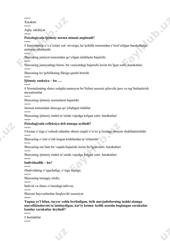 lashtirilgan; ==== sotsiometrik, proektiv, erkin, yozma; ==== mantiqiy, yozma, og‘zaki, matematik. ++++ test metodi turlari berilgan qatorni toping ==== # test- so‘rov, test- topshiriq, proektiv test, sotsiometrik test; ==== tashqi, ichki, erkin, standartlashtirilgan; ==== sotsiometrik, proektiv test, texnik, og‘zaki. ==== tashqi, erkin, mantiqiy, test- so‘rov; ++++ eksperiment metodi turlari berilgan qatorni toping? ==== # tabiiy, laboratoriya; ==== tashqi, ichki, laboratoriya; ==== tabiiy, laboratoriya, standartlashtirilgan; ==== sotsiometrik, proektiv test, texnik, og‘zaki. ++++ modellashtirish metodi turlari berilgan qatorni toping? ==== # matematik, mantiqiy, texnik, kibernetik; ==== tabiiy, matematik, mantiqiy, texnik; ==== texnik, kibernetik, tabiiy; ==== sotsiometrik, mantiqiy, tabiiy, matematik. ++++ psixikaning to‘liq ta’rifini toping? ==== # psixika- bu yuksak tashkil topgan materiyaning sistemali xususiyati, sub’ekt tomonidan ob’ektiv borliqni faol aks ettirish ==== psixika – predmet obrazi muhitini aks ettirish, tirik tana a’zolarining harakat qilishi; ==== psixika- vaziyat ustuvorligi va qidiruv faolligi tufayli organizmning tarkiblari o‘rtasidagi yashash uchun kurash; ==== psixika- to‘g‘ri aloqalar …