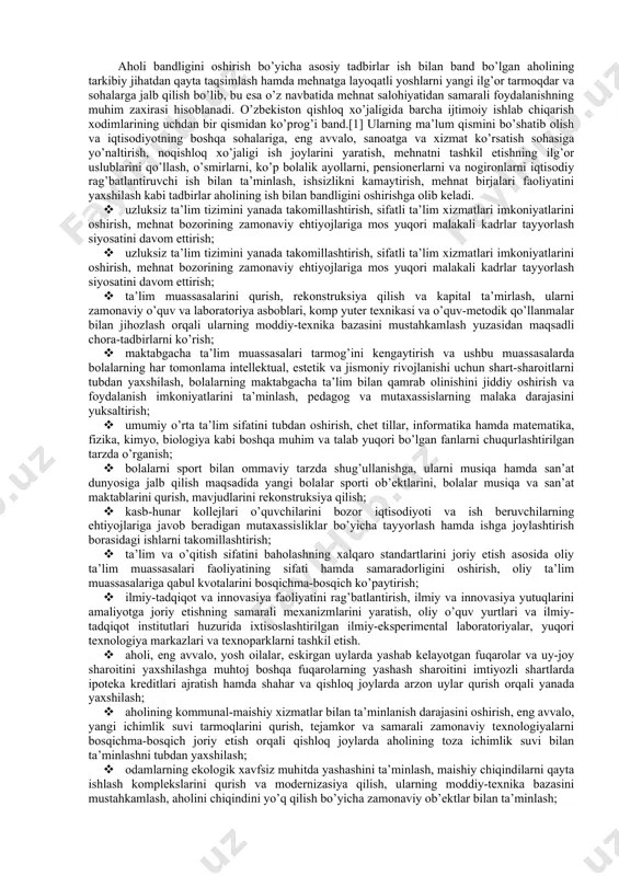 ng ba’zi guruhlari uchun imtiyozlar yaratish, yolg’iz qariya va nogironlarni davlat hisobidan boqish va b. asosida amalga oshiriladi. respublika prezidentining "kam ta’minlangan oilalarni ijtimoiy himoya qilishni kuchaytirishga oid chora-tadbirlar to’g’risida"gi farmoniga (1994 y. 23 avg.) ko’ra, voyaga yetmagan farzandlari bo’lgan ko’p bolali oilalar, kam pensiya olayotganlarning oilalari, nogironlarning oilalari, ishsizlar va boquvchisini yo’qotganlarning oilalari, yolg’iz pensionerlar va kam daromad olayotgan muhtoj oilalarga moddiy yordam berilmoqda. o’zbekiston respublikasi prezidentining 1996 y. 10 dek.dagi farmoni bilan 16 yoshgacha farzandi bo’lgan kam ta’minlangan oilalar davlatning alohida otalig’iga olindi, 2002 y. 25 yanvardagi farmonga binoan ijtimoiy yordam ko’rsatiladigan farzandli oilalar do-irasi umumta’lim maktablarida, akademik litseylarda va kasbhunar kollejlarida o’qiyotgan 18 yoshgacha farzandi bo’lgan oilalar hisobiga kengaytirildi. bulardan tashqari o’zbekistonda norasimiy ijtimoiy yordam turlari ham mavjud; ularga qarindoshlarning o’zaro yordami, milliy va diniy urf-odatlar asosida qilinadigan yordam, korxona va tashkilotlarning pensionerlarga, kam ta’minlangan ko’p bolali oilalarga, beva-bechoralarga yordam puli berishi kiradi. respublikada ayollar, bolalar, keksalarga …