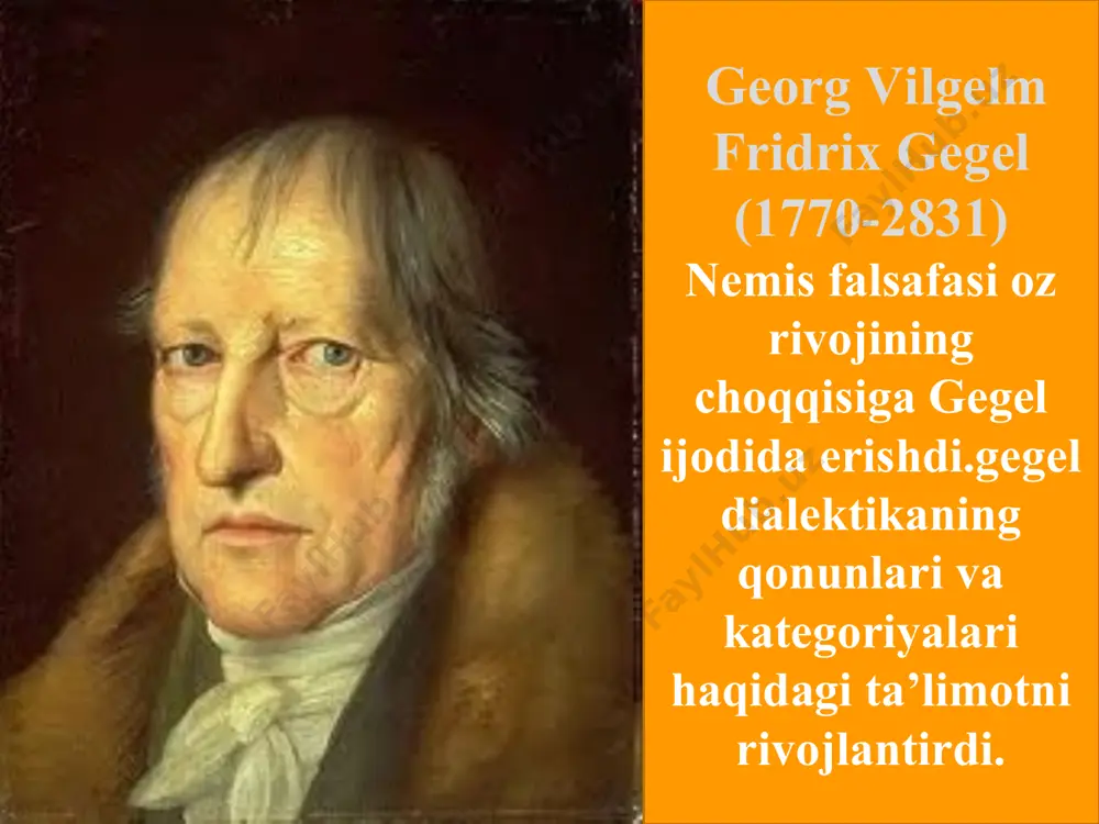 chegaralangan hududlarda ba’zilar uchungina idrok etilgan.shuning uchun yunon-rim dunyosining davlat tuzumi qullikni inkor etmaydi.tola ozodlik oz ifodasini faqat german xalqlarida topdiki,ular oz tarixiy taraqqiyotlari davomida refomatsiya(diniy islohot) va 1789-yildagi fransuz inqilobini mahsulini meros qilib olib,umumiy fuqarolik va siyosiy ozodlika erishdilar. gegel falsafasi ichki ziddiyatlarga ega.bilish tizimi bir qancha turdagi anglash bosqichlaridan otib,oxirgi bosqich bolgan oz-ozini anglashda tugallanadiki ,uni amalga oshiruvchi narsa gegel falsafasining ozi bolib chiqadi.gegel usuli va tizimi ortasida qarama-qarshilik kelib chiqadi. feyerbax moddiyunchilik nuqtai nazaridan gegel falsafasini jiddiy va har tomonlama tanqid ostiga olgan birinchi faylasufdir. falsafa mavzusini ifodalab ,feyerbax shunday qarorga keladiki,uning diqqat markazida inson turmogi lozim.”yangi falsafa -deb yozadi nemis mutaffakkiri ,-tabiatni ham inson poydevori sifatida qoshgan holda insonni falsafaning yagona ,umumiy va oliy mavzusiga aylantiradi. shundan korinadiki feyerbax moddiyunchiligi antropologik hususiyat kasp etadi.insonni vujudga keltiradigan yagona sabab yoki asos tabiatdir.feyerbax yozadiki,uning ta’limotini ikki ogiz soz bilan ifodalash mumkin tabiat va inson. tabiat abadiy bolib ,hech …
