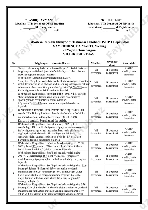 shp mudiri, katta hamshira 6 o’zbekiston respublikasi vazirlar maxkamasing 25.08. 2003 yildagi 365-- sonli ”nikoxlanuvchi shaxslarni tibbiy ko’rikdan o’tkazish to’g’risida qarorini bajarish . yil davomida it operator hamshirasi oshp mudiri, katta hamshira 7 o’zbekiston respublikasi sog’liqni saqlash vazirligining 2021yil 21dekabrdagi 287- sonli “unversal –pragressiv modelini amlyotga joriy qilish tadbirlari xakida”gi buyrug’ini bajarish. yil davomida it operator hamshirasi oshp mudiri, katta hamshira 8 o’zbekiston respublikasi sog’liqni saqlash vazirligining 323-buyruq 9 dekabr “birlamchi tibbiy-sanitariya yordami muassasalari tibbiyot xodimlariga joriy qilinayotgan yangi tibbiy profilaktika va patronaj tizimini o’rgatish bo’yicha o’quv kurslarini tashkil etish chora-tadbirlari to’g’risida” buyrug’ini bajarish. yil davomida it operator hamshirasi oshp mudiri, katta hamshira 9 o’zbekiston respublikasi sog’liqni saqlash vazirligining 328-buyruq 2020 yil 9 dekabr “birlamchi tibbiy-sanitariya yordami muassasalari faoliyatiga mutlaqo yangi mexanizmlarni joriy qilish va tibiy xizmat sifat samaradorligini yanada oshirish to’g’risida” buyrug’ini bajarish. yil davomida it operator hamshirasi oshp mudiri, katta hamshira 10 o’zbekiston respublikasi sog’liqni saqlash vazirligining 2016 …