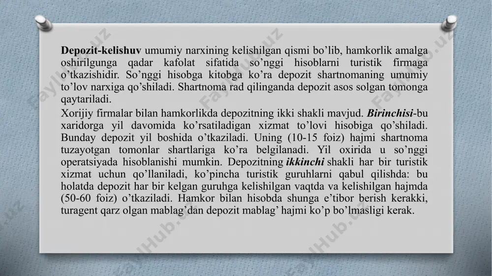 m shartlari; taraflarning manzillari, bank rekvizitlari va imzolari. turizmdagi asosiy rasmiyatchiliklar va ularni soddalashtirish muammolari tabiiyki, xalqaro turizmni rivojlantirishda muammolar bisyor. ulardan chegaradan o’tishda va chet mamlakatda bo’lishda rasmiyatchiliklarni hal qilish bilan bog’liq asosiy muammolarga to’xtalib o’tamiz: - pasport va viza muammosi; - valyuta nazorati hamda valyuta ayirboshlash ustidan nazorat; - bojxona qoidalari; - tibbiy rasmiyatchiliklar; - politsiya nazorati; - turistik hujjatlar; - sayohat mamlakatida milliy hujjatlarni legalizatsiya qilish (ularning huquqiy layoqati) bu rasmiyatchiliklar turist yashaydigan mamlakatda yuzaga keladi (viza, chet el pasporti) hamda u boshqa mamlakatda bo’lgan davr mobaynida amal qiladi (masalan, valyuta rejimi, tibbiy rejim, politsiya rejimi). bu tartiblarga amal qilish zarurligi shubhasiz, lekin haddan ortiq tartibga solish (majburiy ro’yxatdan o’tish va h.k.) ba’zan turistga psixologik jihatdan salbiy ta’sir ko’rsatadi. turistik rasmiyatchiliklarni soddalashtirish deganda shaxsiy va jamoaviy turistik sayohatlar va safarlarni davlat tomonidan rag‘batlantirish chora-tadbirlari va davlatning bu sohadagi muvofiqlashtirilgan siyosati tushuniladi. gap shundaki, davlatlar turizmda eng avvalo …