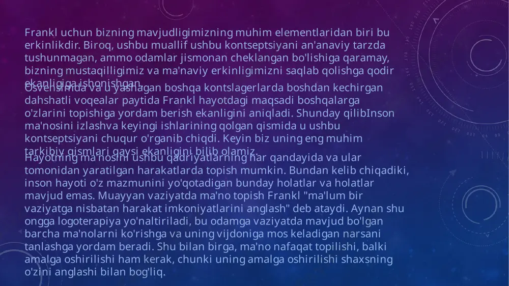 krni himoya qildi. shu sababli, uning terapevtik taklifi biz duch keladigan muammolarning ma'nosini topishga qaratilgan bo'lib, biz ularni baxtsizlik sifatida emas, balki qiyinchilik sifatida ko'rib chiqamiz. 3 va nihoyat, viktor frankl hayotning yagona tuyg'usi yo'qligiga ishondi, ammo har kim o'zini o'zi topishi kerak. shu sababli uni kitoblardan, tashqaridan qo'yilgan maqsadlardan, oiladan yoki do'stlardan yoki jamiyatdan izlash mumkin emas. shuning uchun hayotdagi asosiy maqsadlarimizdan biri bizni maqsadga erishadigan narsani topishdir. ammo, har birining hayotiy ma'nosi nimaga asoslangan? frankl uchun bu bizning qadriyatlarimiz, shaxsiyatimiz, didimiz, tariximiz va qarorlarimiz kabi elementlarga bog'liq bo'ladi. shunday ekan, har kuni erkin harakat qilish va biz uchun juda muhim narsani izlash imkoniyati ekanligini unutmasligimiz zarur. bugungi kunda franklning asarida keltirilgan g'oyalar - ma'noga urg'u, azob-uqubatlarning ahamiyati va nafaqat o'zi uchun, balki kattaroq narsa uchun mas'uliyat - inson shaxsiy baxtga ko'proq qiziqsa, zamonaviylik tamoyillariga ziddir. ma'no izlashdan ko'ra. muallif ta’kidlaydi: “ovrupoliklar nazarida amerika madaniyatining muhim xususiyati imperativdir: unga …