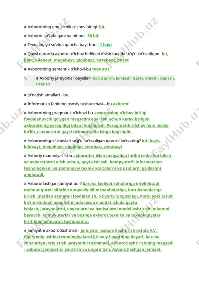 axborotning o'lchovlari — DOC