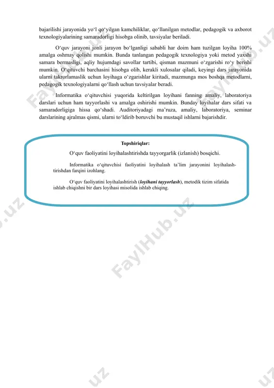 shu mavzuga qo‘llash mumkin va h.k.) aynan shu jarayon(dars)da at necha vaqt, pedagogik texnologiyadan qancha vaqt foydalanishni belgilaydi. · loyihani tayyorlash (konstruktorlik) bosqichi. dars bosqichlarga ajratilib, har bir bosqichda o‘qituvchi va o‘quvchi faoliyatlari, har bir bosqichda mazmun va uni yoritishda qo‘llaniladigan metodlar, pedagogik va axborot texnologiyalari, multimediali vositalari, slaydlardan foydalanish, kutiladigan natijalar rejalashtiriladi. loyihalashtirish dars ishlanmasi va texnologik xarita ko‘rinishini oladi. o‘quv faoliyatini loyihalashtirish (loyihani tayyorlash), metodik tizim sifatida ishlab chiqishni bir dars loyihasi misolida keltiramiz. • loyihani bajarish, amalga oshirish bosqichi. bu bevosita o‘quv faoliyati-dars jarayoni bo‘lib, o‘qituvchi tomonidan tayyorlangan loyihani dars bosqichlariga mos, dars ishlanmasi va texnologik xaritadagidek amalga oshiriladi. bu o‘rinda xatoga yo‘l qo‘ymaslik muhim, aynan shu bosqichda talabalarda bilimlar, ko‘nikma va malakalar va shakllantiriladi. bu bosqich o‘qituvchi va o‘quvchilarning birgalikdagi harakati, o‘zaro ta’siri bo‘lib, yuqoridagi loyiha (dars ishlanmasi, texnologik xaritaga mos)ga mos 80 minutlik dars olib boriladi. • yakunlovchi bosqich. o‘qituvchi olib borilgan darsni tahlil qilinadi. …